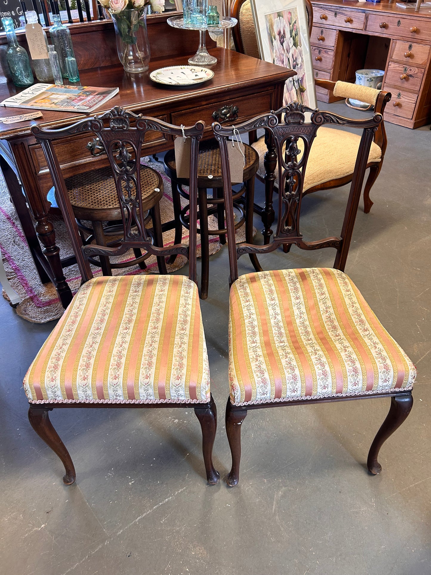 A pair of pretty pink fabric carved wood Edwardian chairs