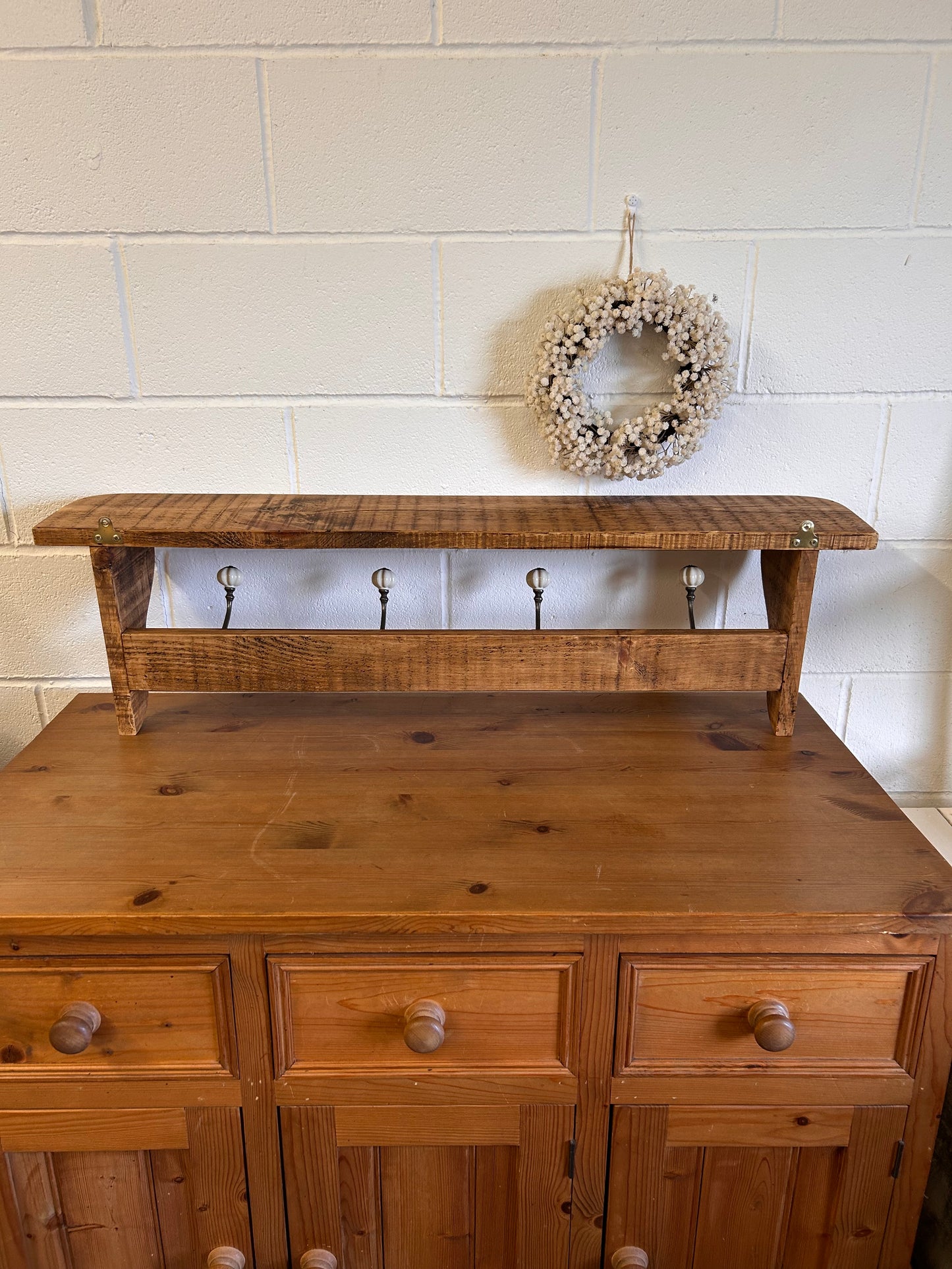 Rustic Vintage wooden wall hanging coat hooks with shelf