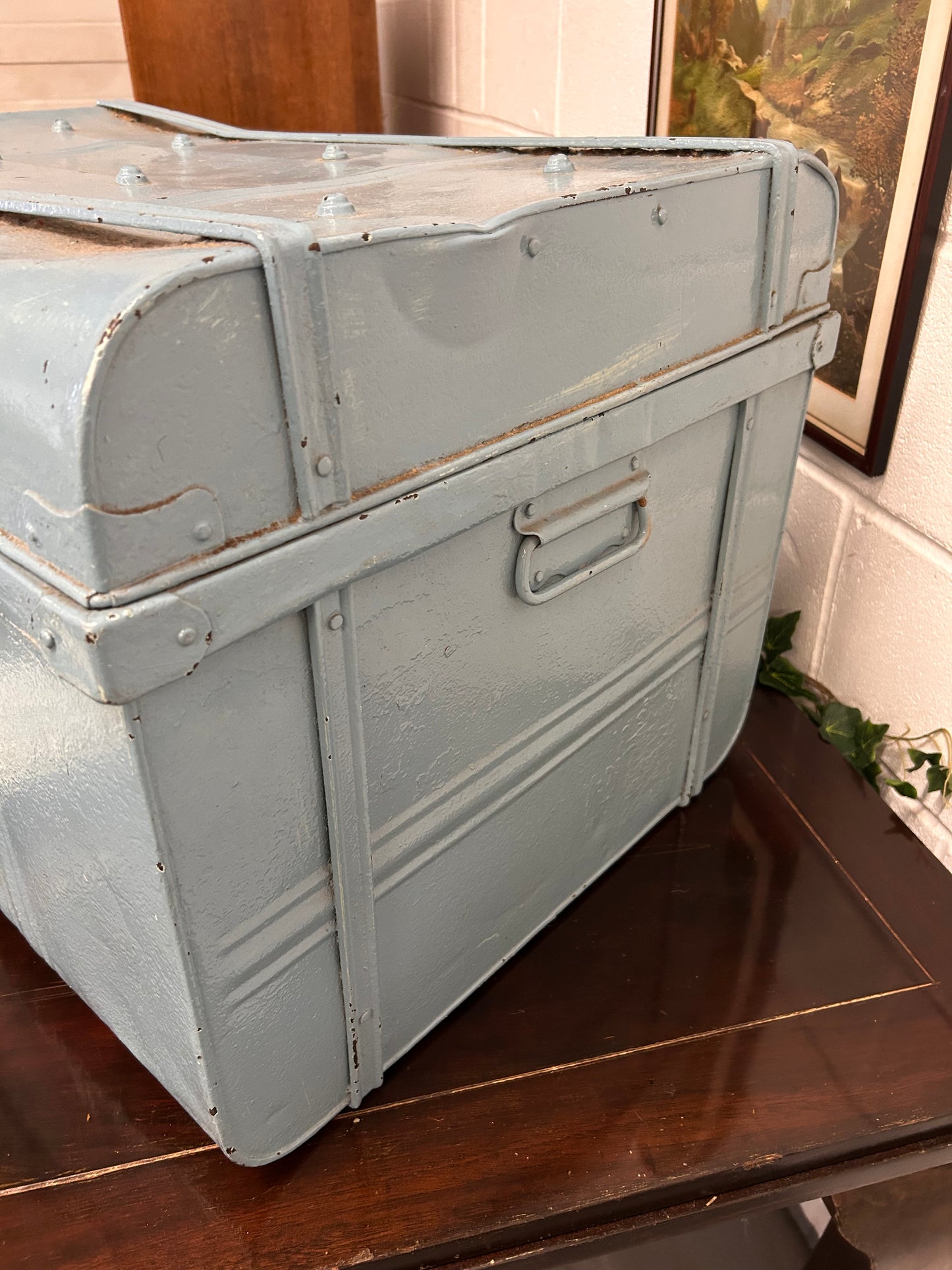 Large metal blue painted travelling trunk great coffee table or storage 