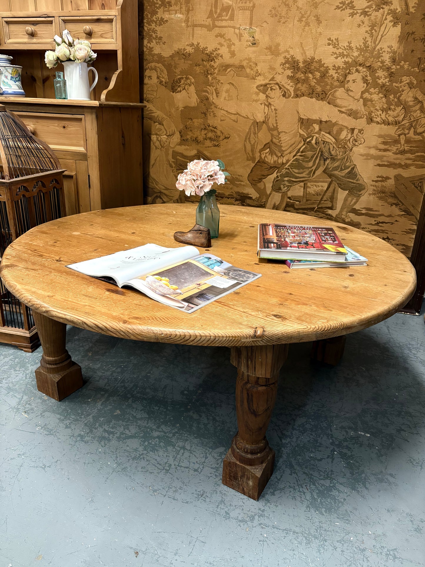 Round Solid Pine coffee table - rustic farmhouse cottage style