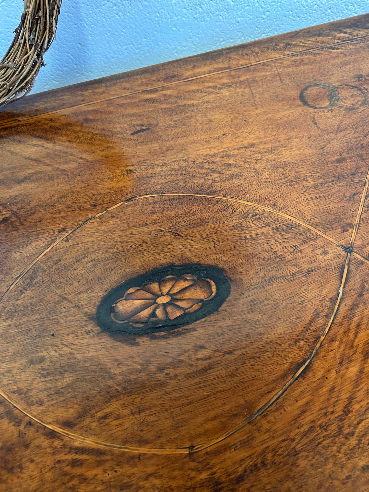 19th century inlaid mahogany country house rectangular side table with drawer.