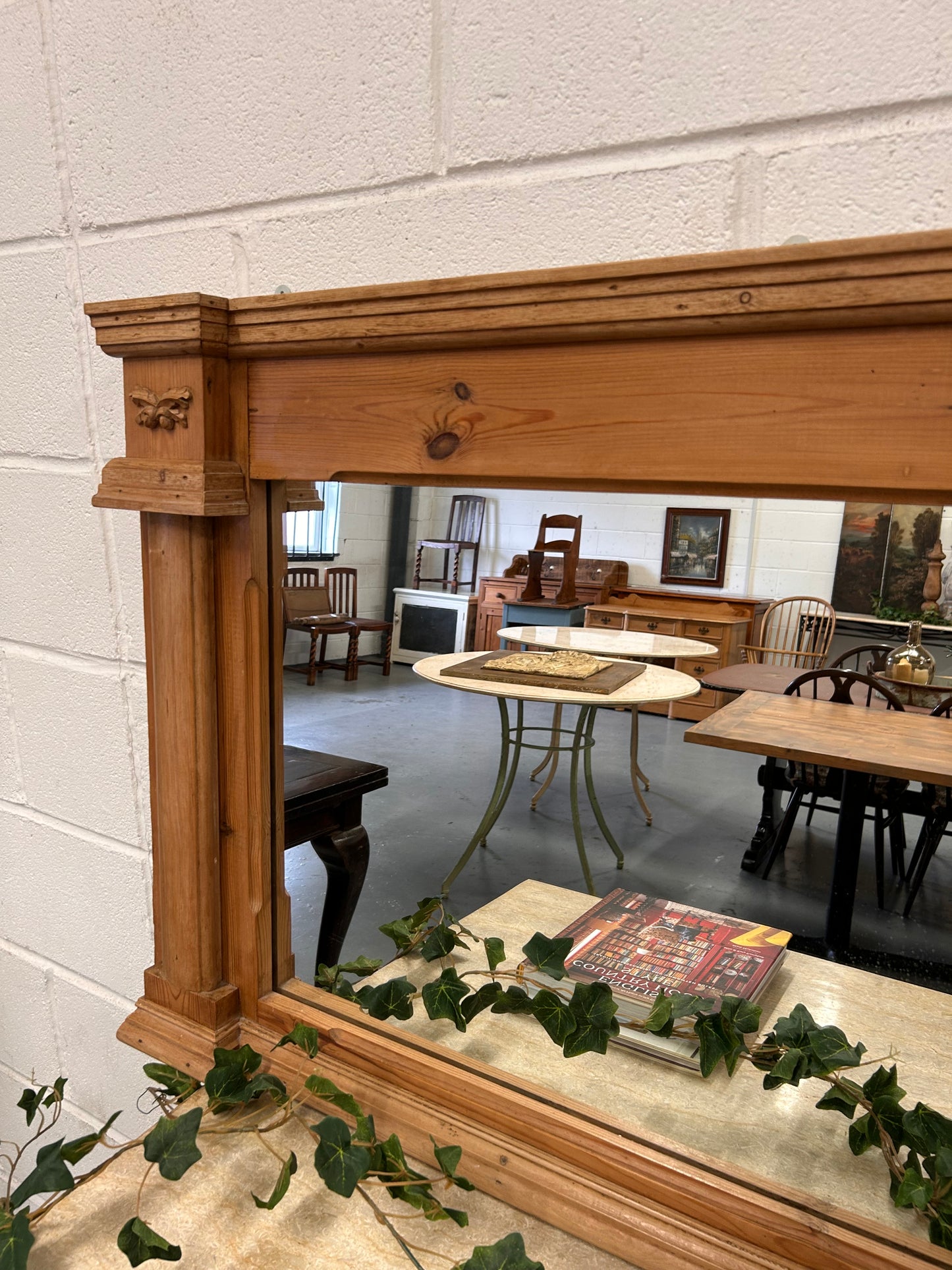 Large Vintage Pine overmantle mirror with Acorn carvings and architectural look to frame design