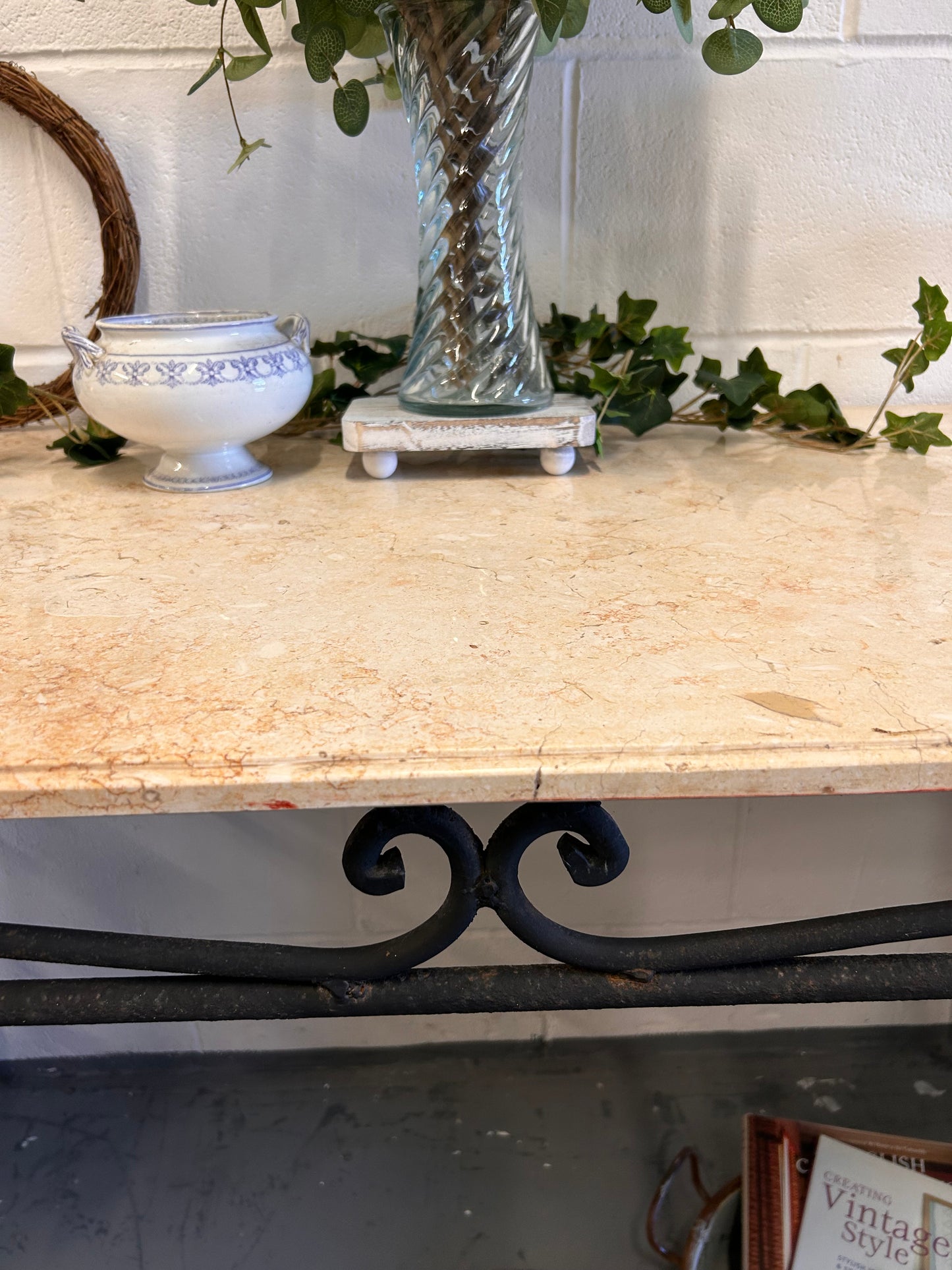 Large Console table French vintage marble top iron based indoor outdoor table