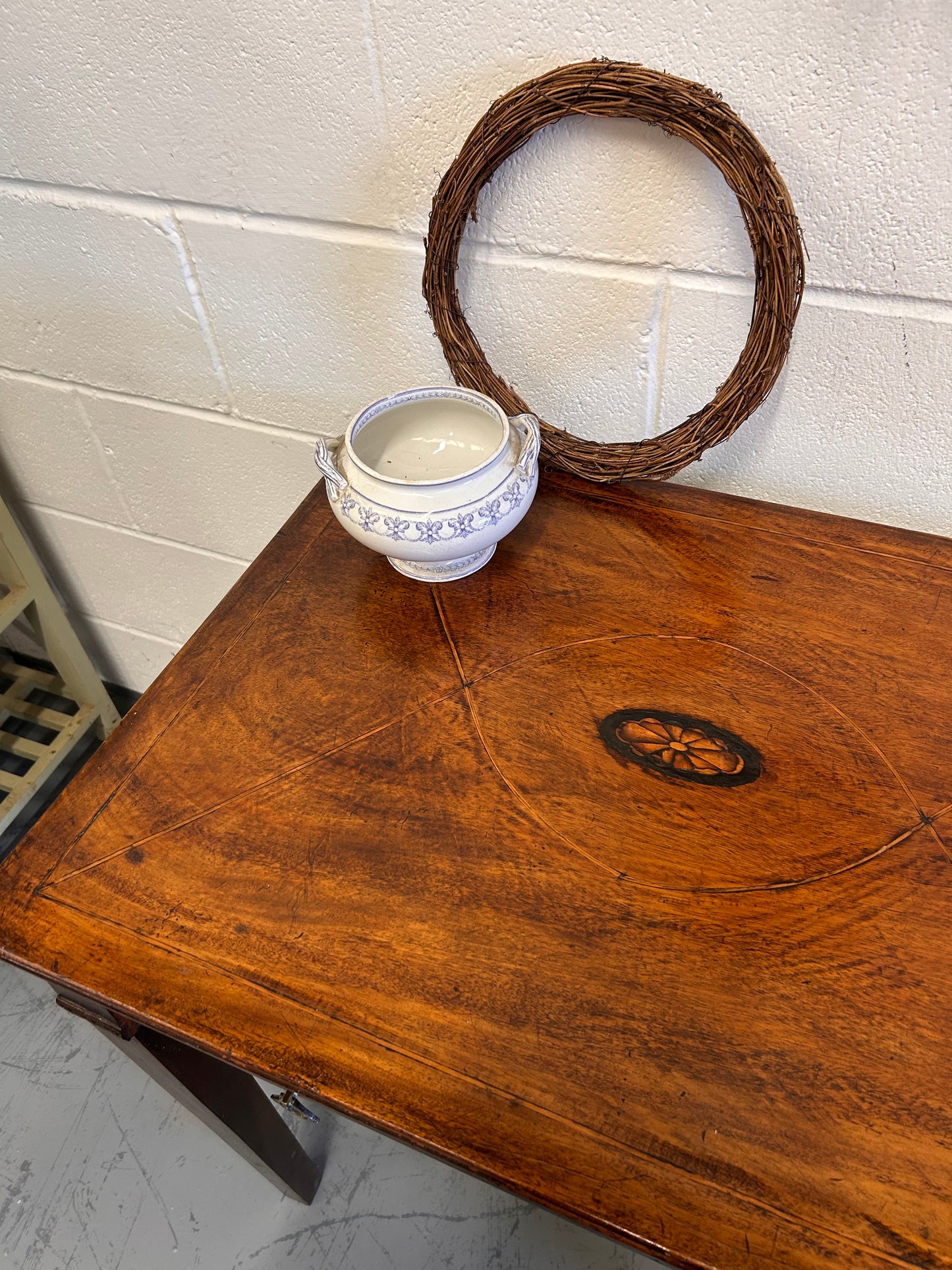 19th century inlaid mahogany country house rectangular side table with drawer.
