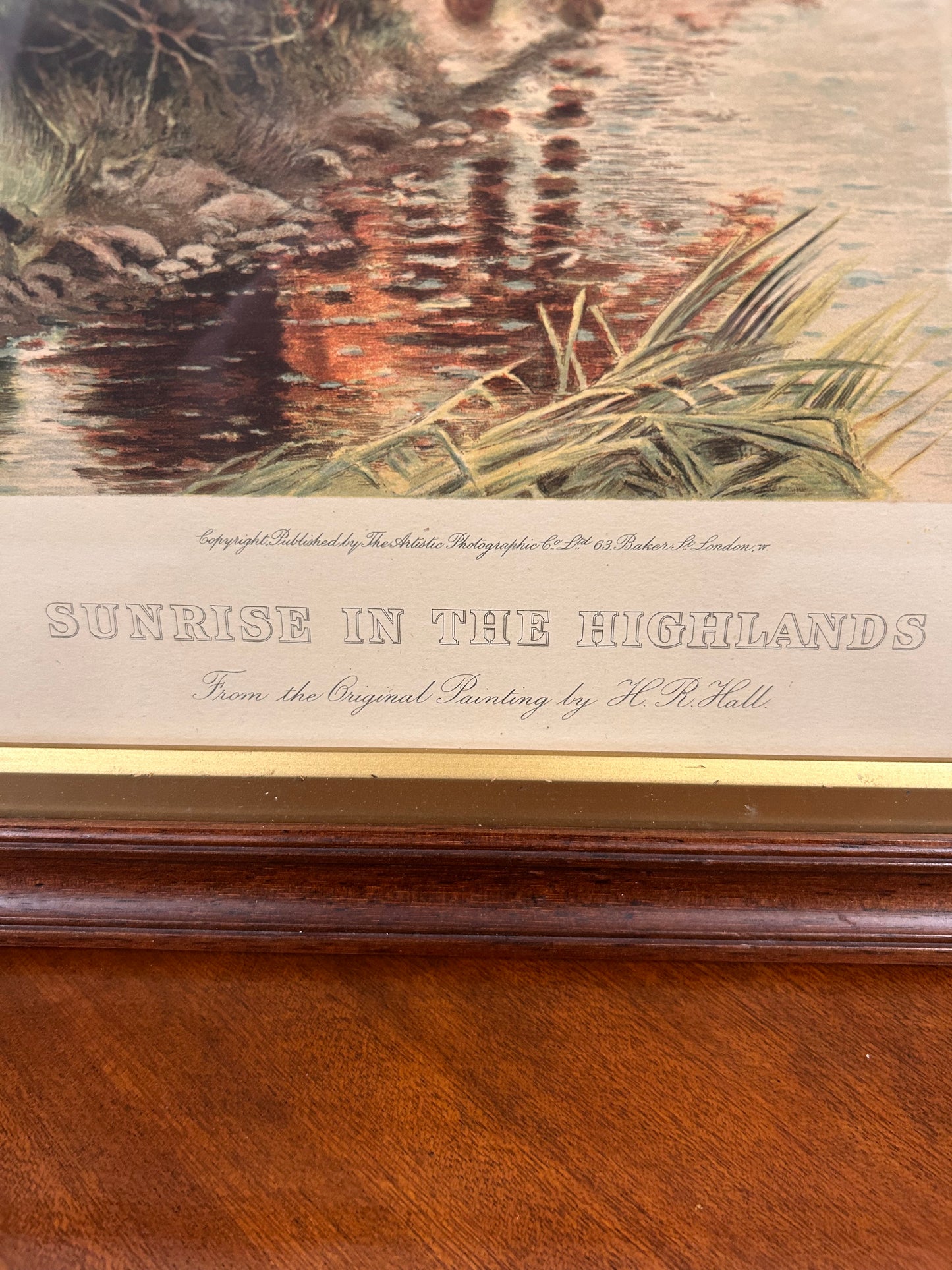 Pair of large framed vintage prints Sunrise & Sunset in the Highlands