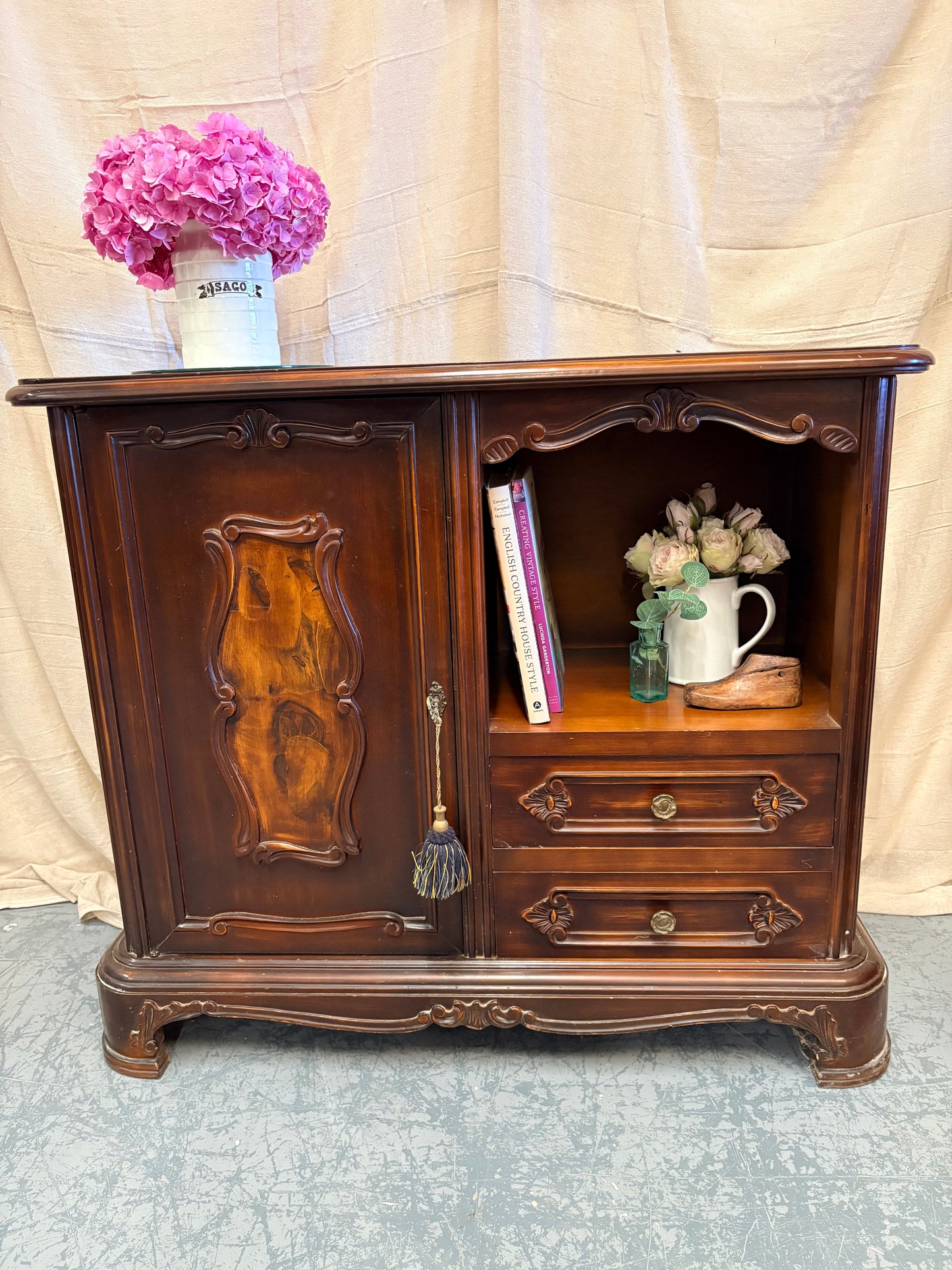 Vintage Carved Mahogany French Style Cabinet Storage Sideboard