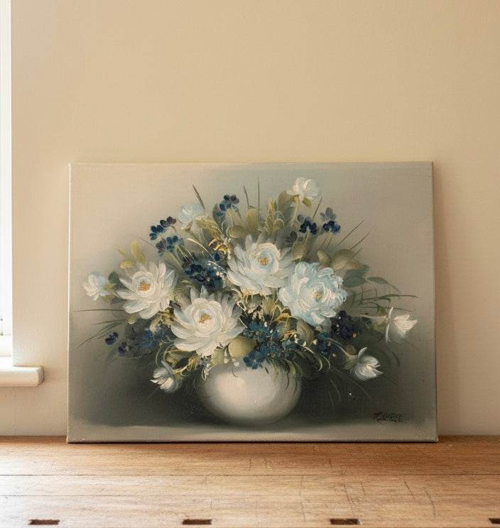 Pretty Vintage Floral Oil Painting of White Flowers Unframed