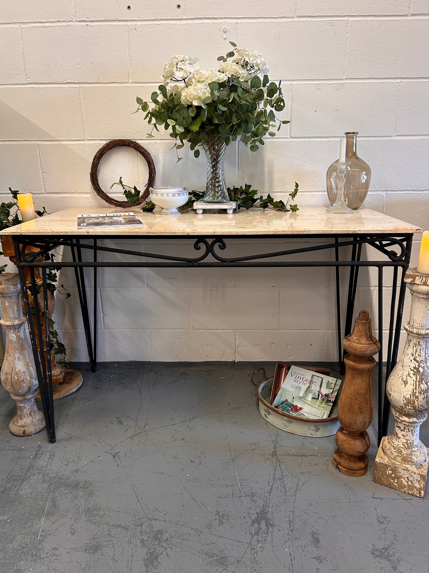 Large Console table French vintage marble top iron based indoor outdoor table