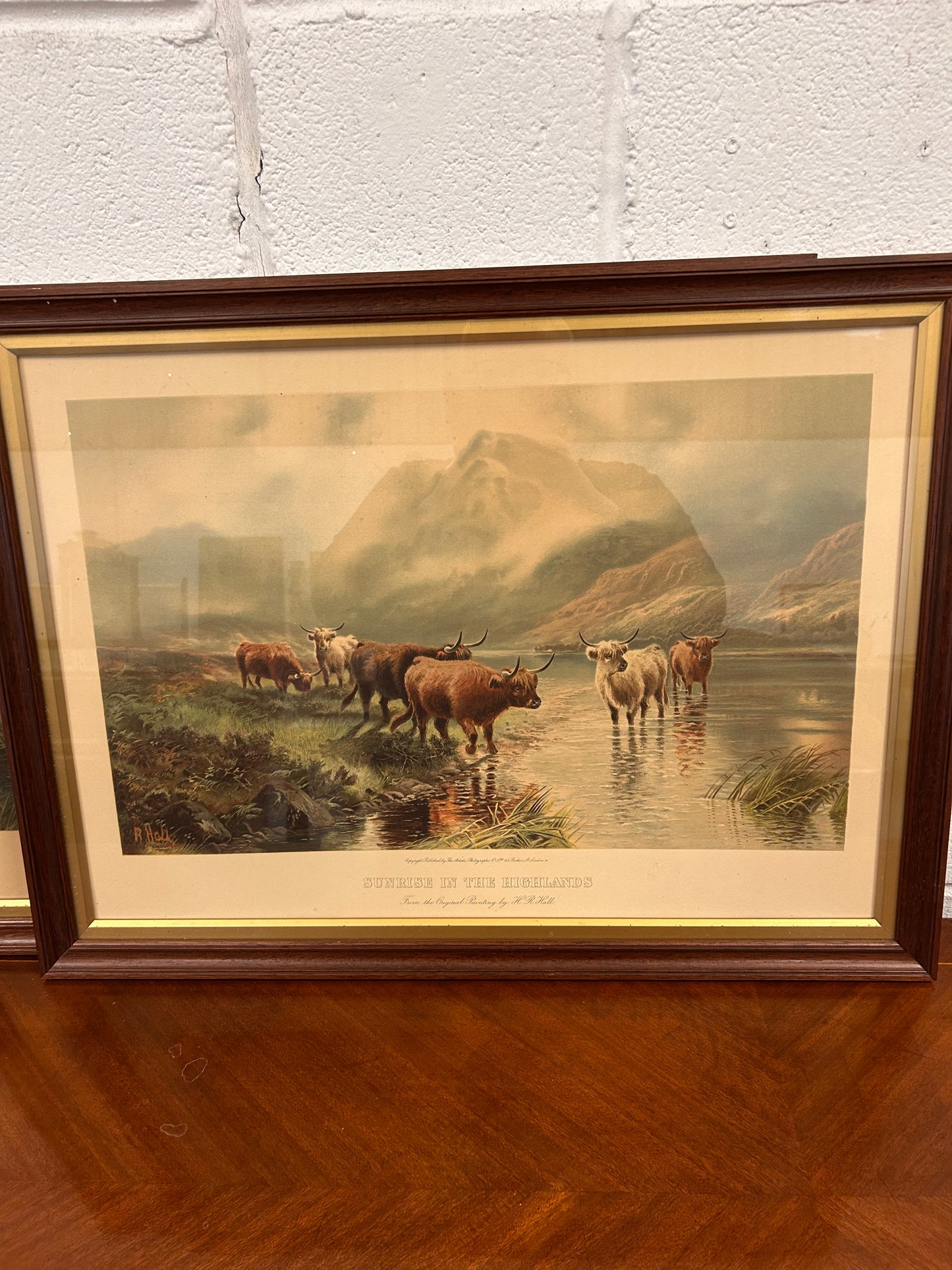 Pair of large framed vintage prints Sunrise & Sunset in the Highlands