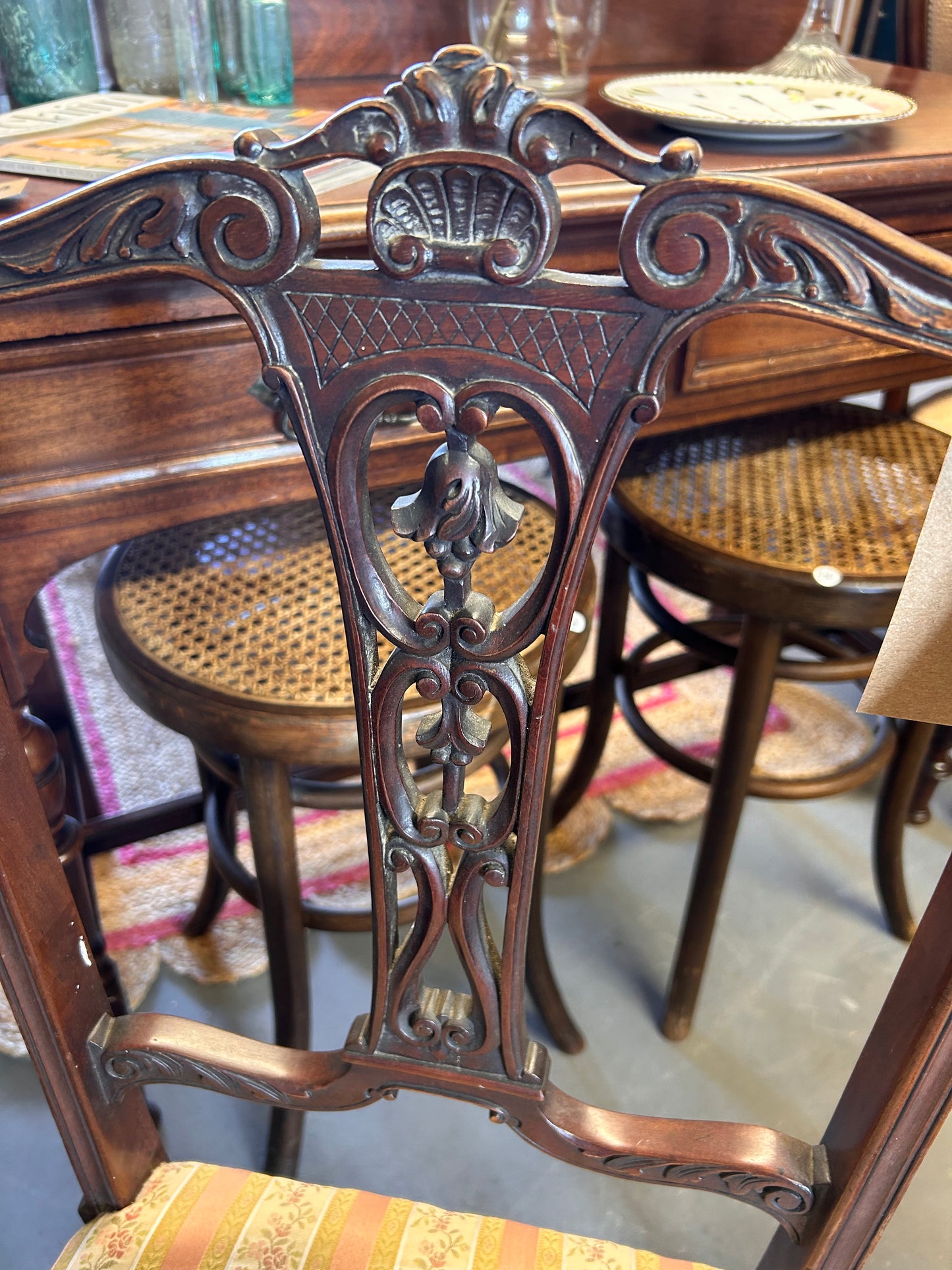 A pair of pretty pink fabric carved wood Edwardian chairs