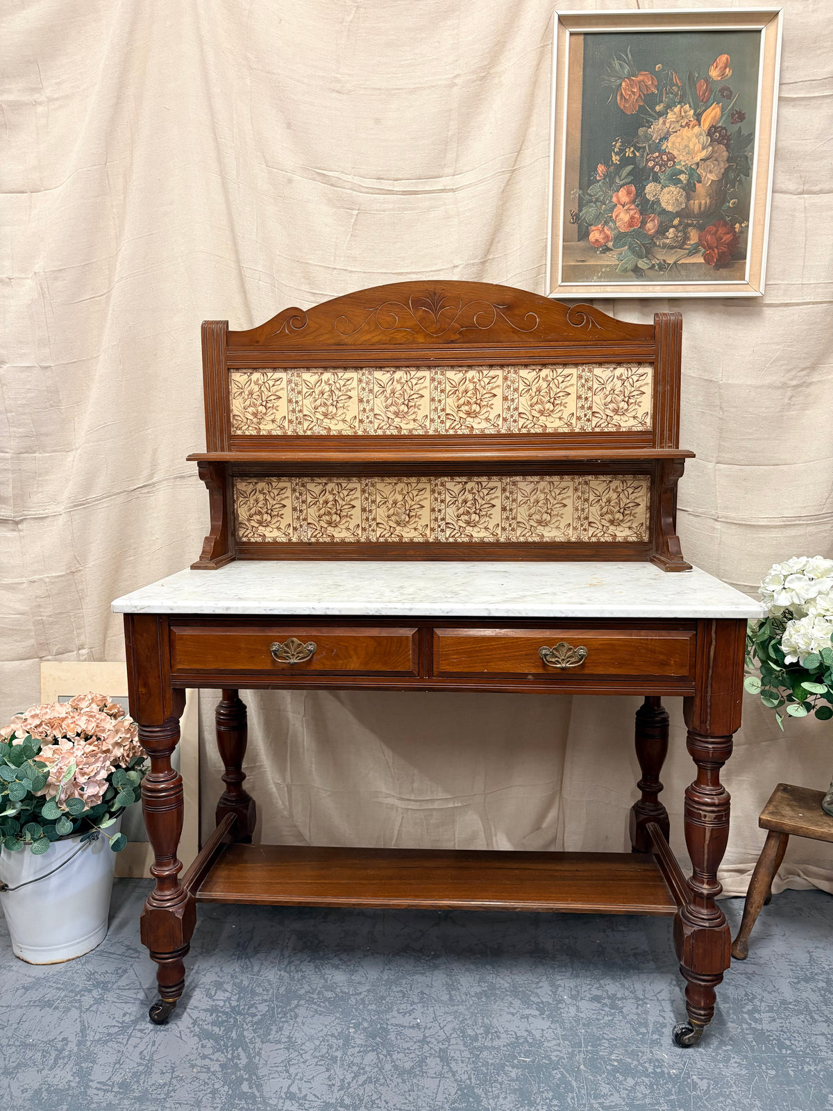 Country House Antique Marble top & Tiled back Washstand Side Console Table