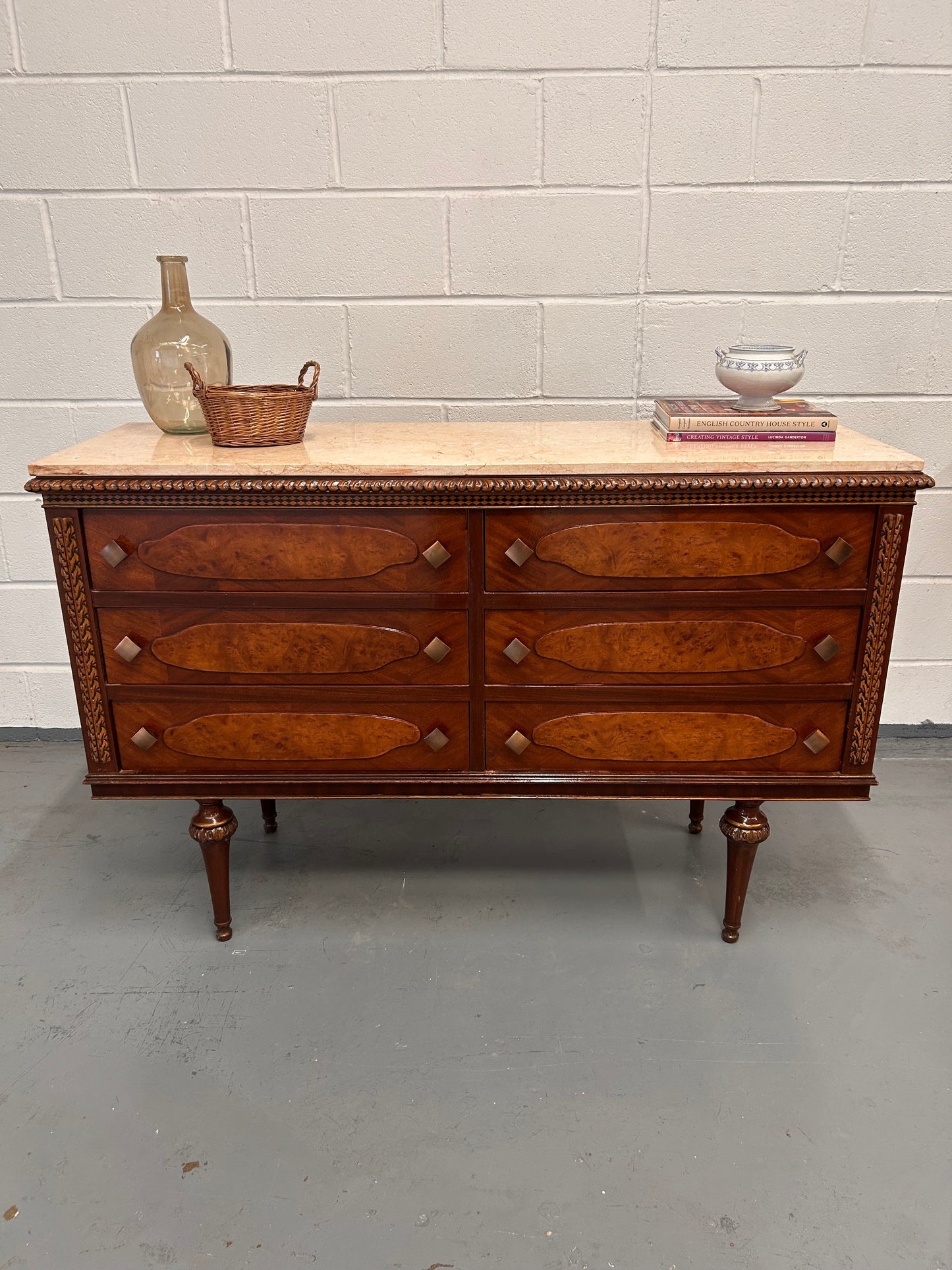 Vintage French marble topped sideboard with six drawers