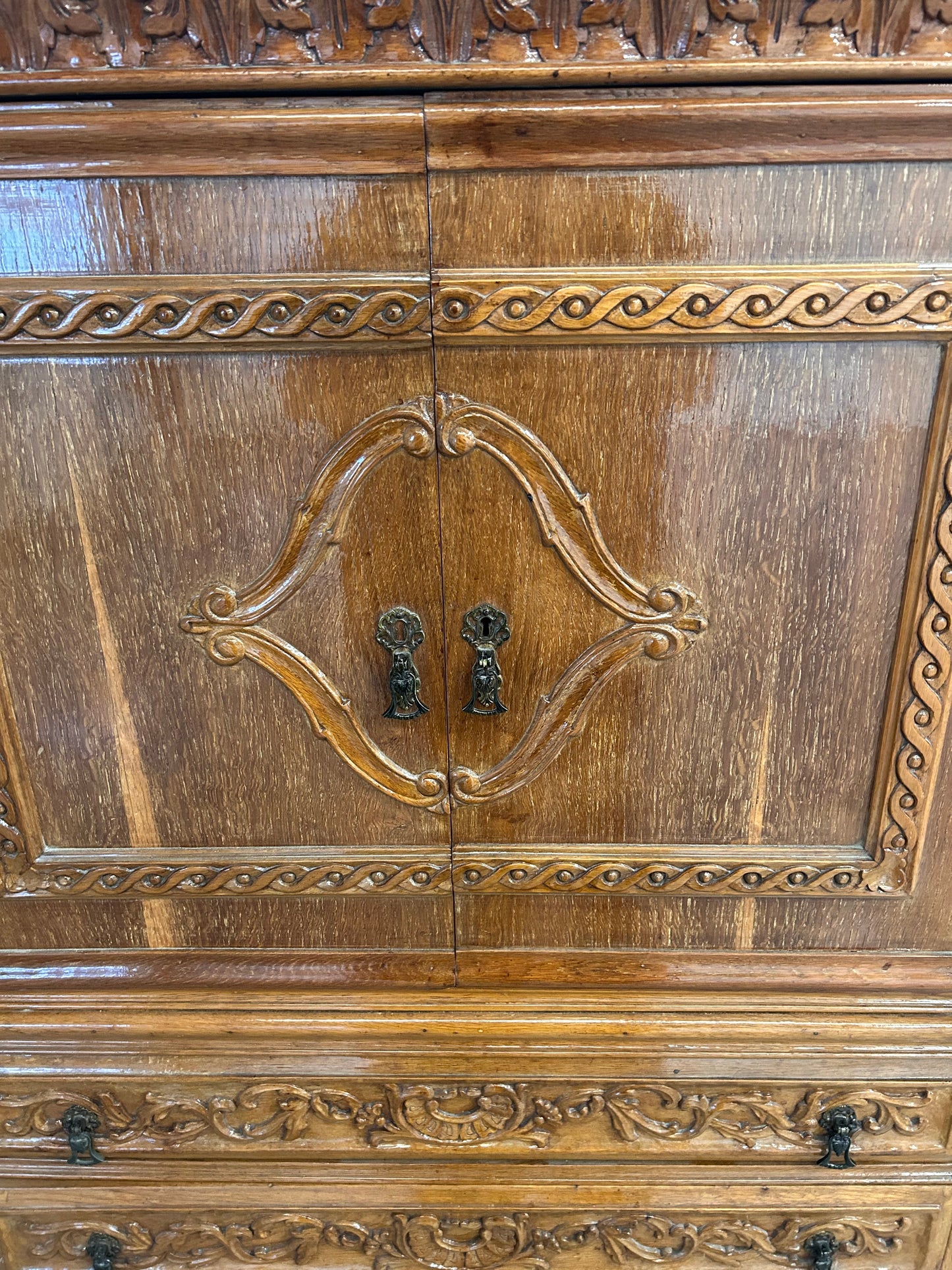 Big Vintage French Drinks cabinet with 3 drawers and mercury mirror lined cupboard