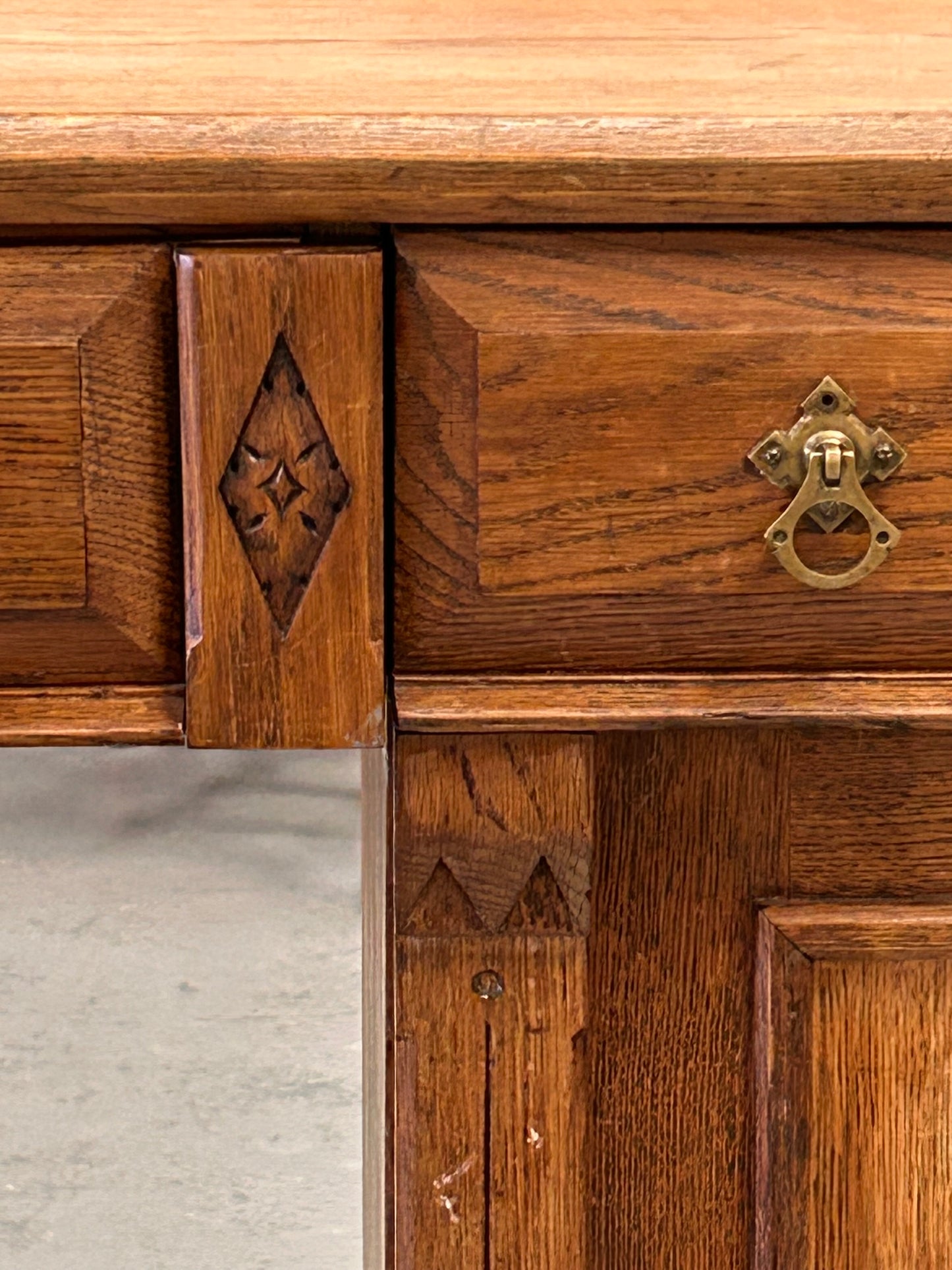 Large Victorian oak sideboard drawers cupboards carving and original handles
