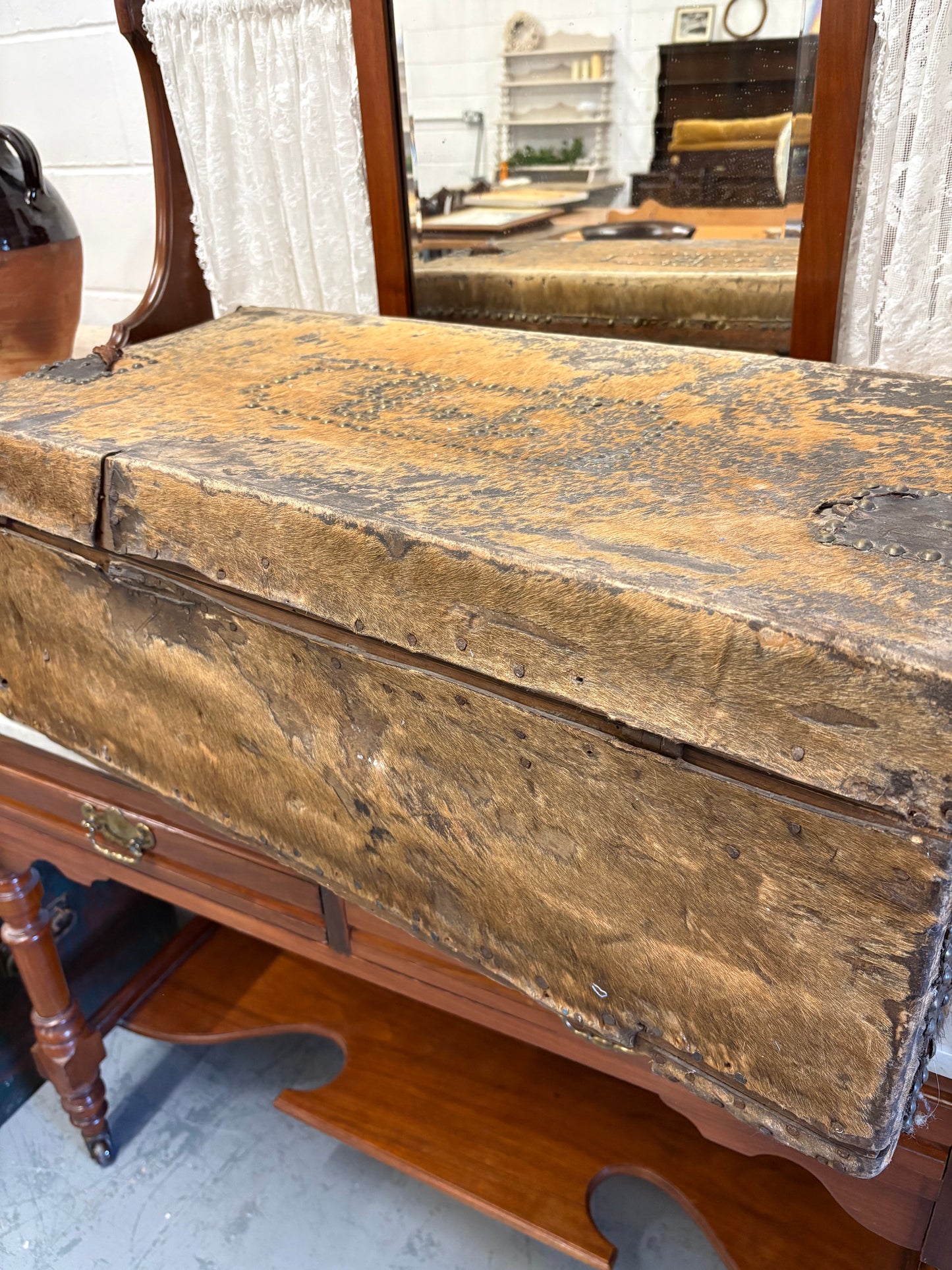 Rare Irish 19th Century Hide covered trunk Stud detail SB Initial