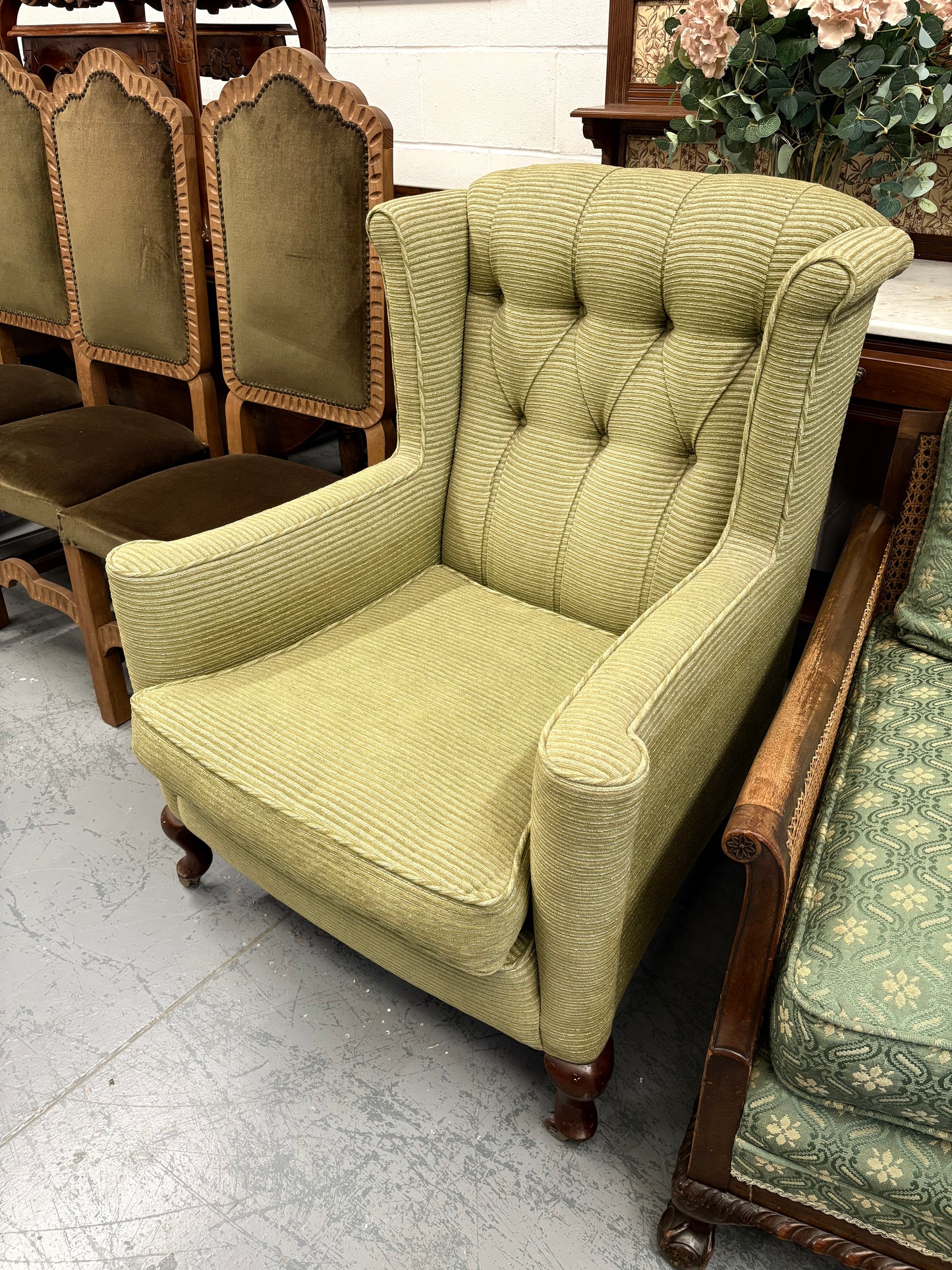 Antique Soft Green Wingback Upright Armchair on Castors & Cabriole legs UK Delivery