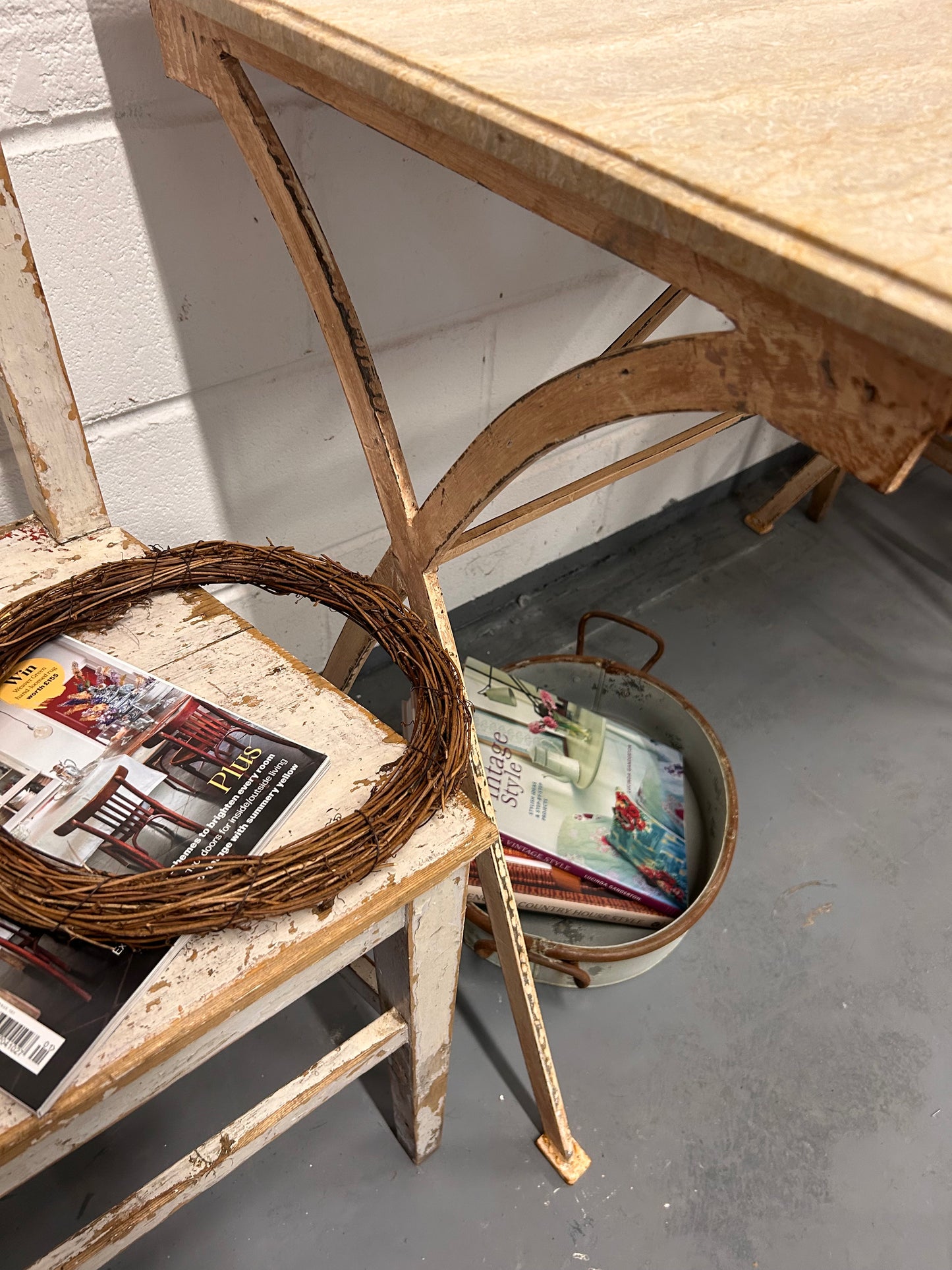 Console table French vintage marble top iron based indoor outdoor table