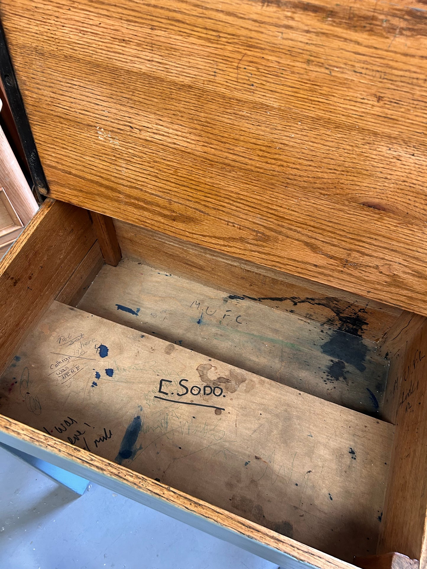 A Child’s painted blue traditional vintage school desk from 1950’s lift off lid