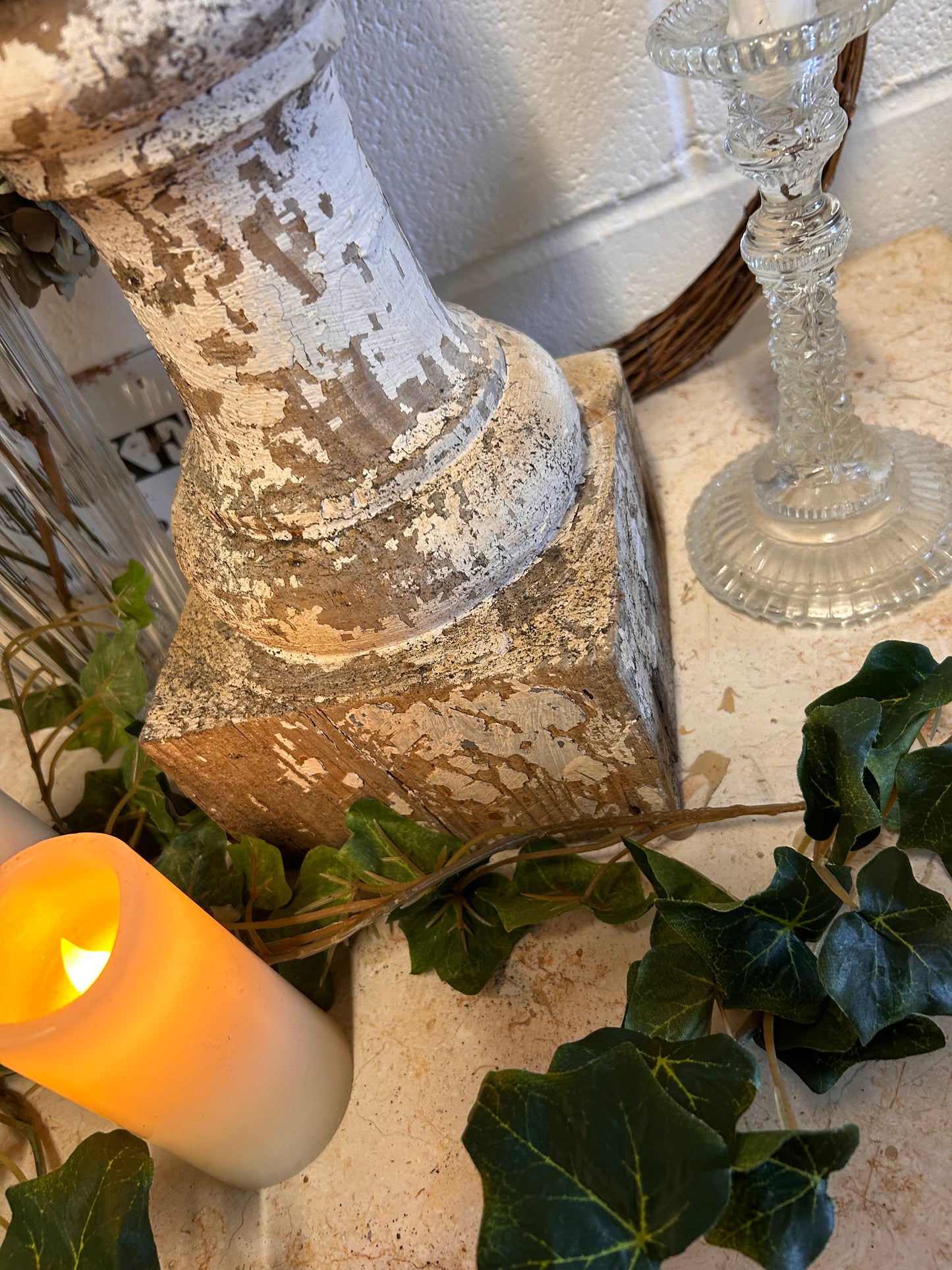 White Shabby French 19thC Salvaged balistrail original paint repurposed candle stand