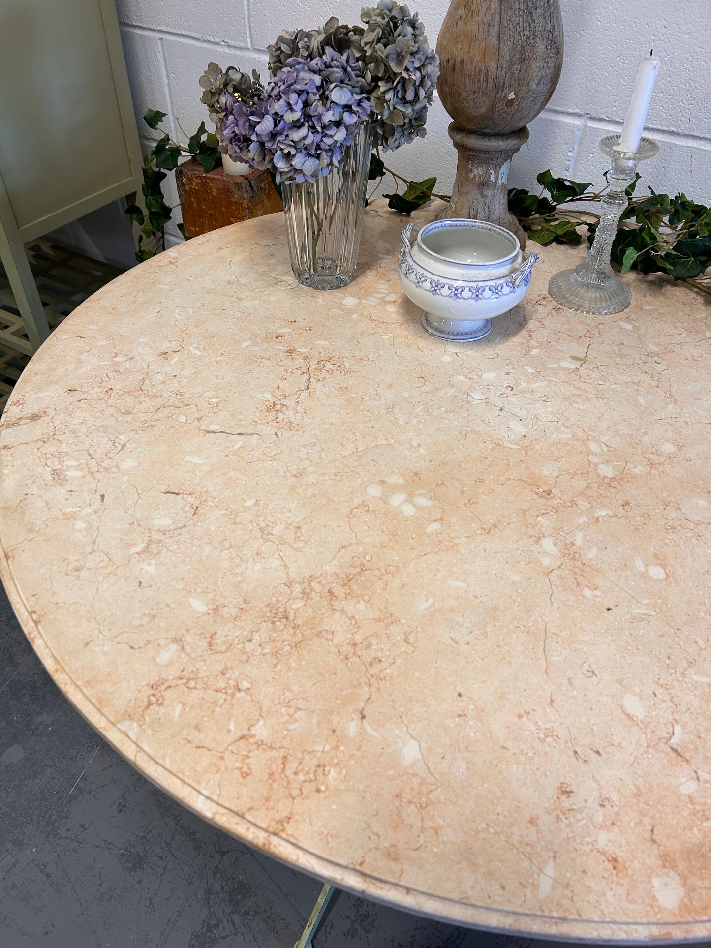 Vintage French round marble top iron based indoor outdoor table
