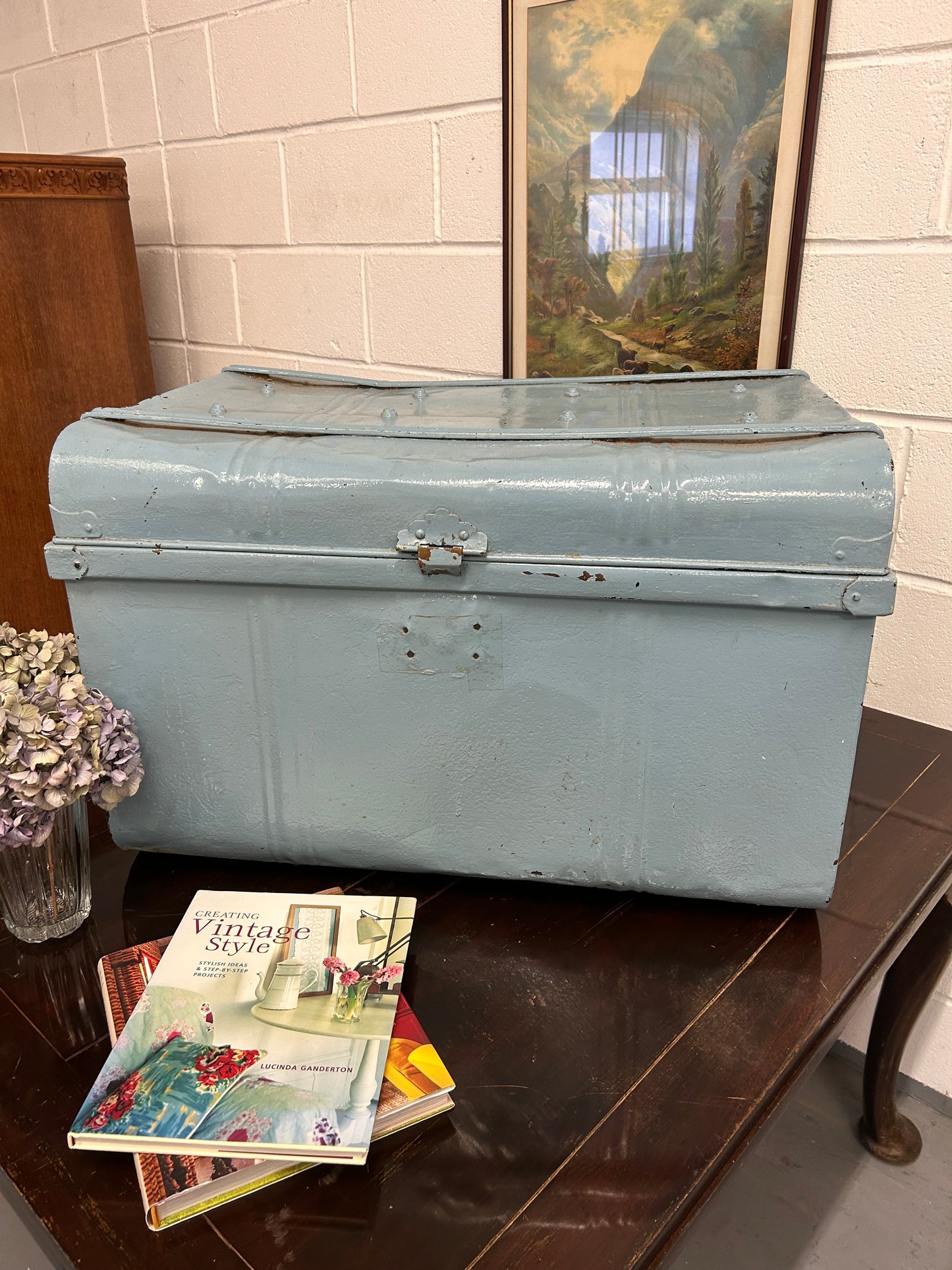 Large metal blue painted travelling trunk great coffee table or storage 