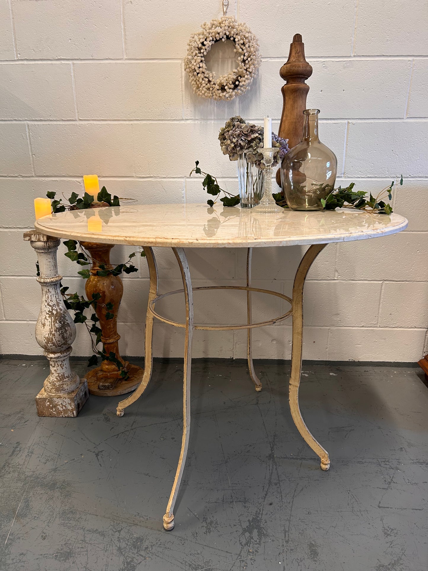 Cream Vintage French round marble top iron based indoor outdoor table