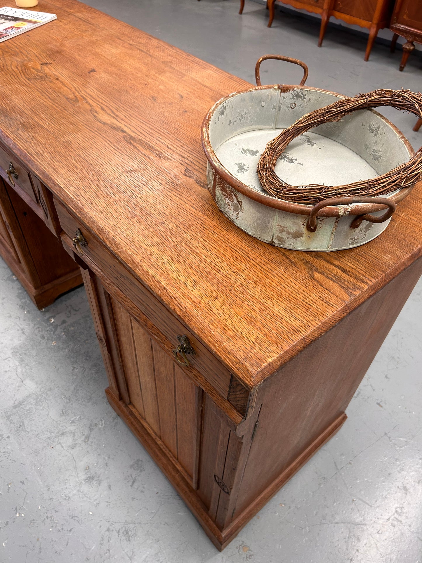 Large Victorian oak sideboard drawers cupboards carving and original handles