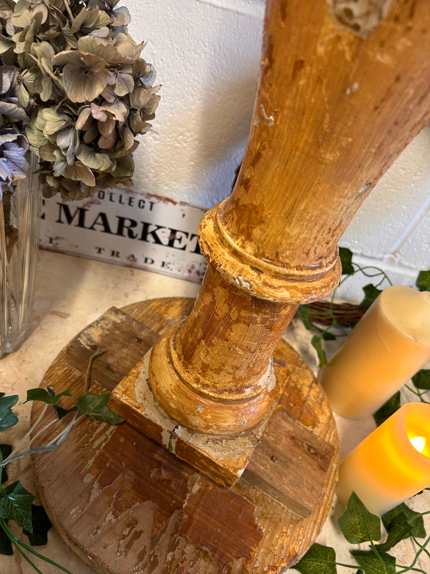 French 19thC Salvaged Shabby balistrail original paint repurposed candle stand