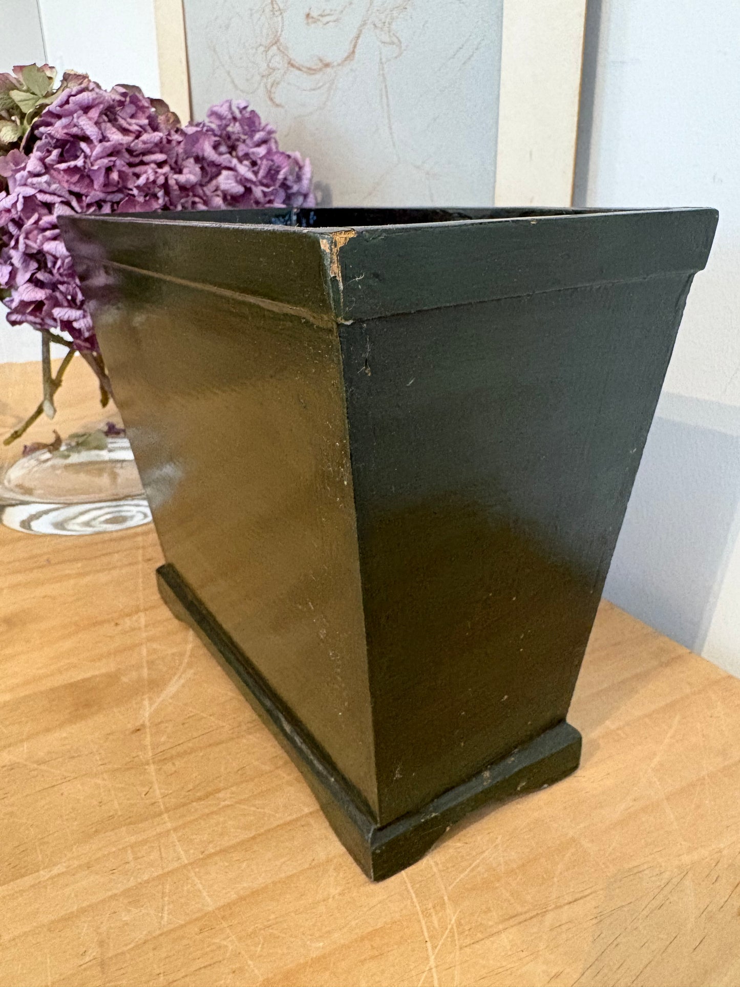 Vintage hand painted fruit design wooden trough faux flowers plants