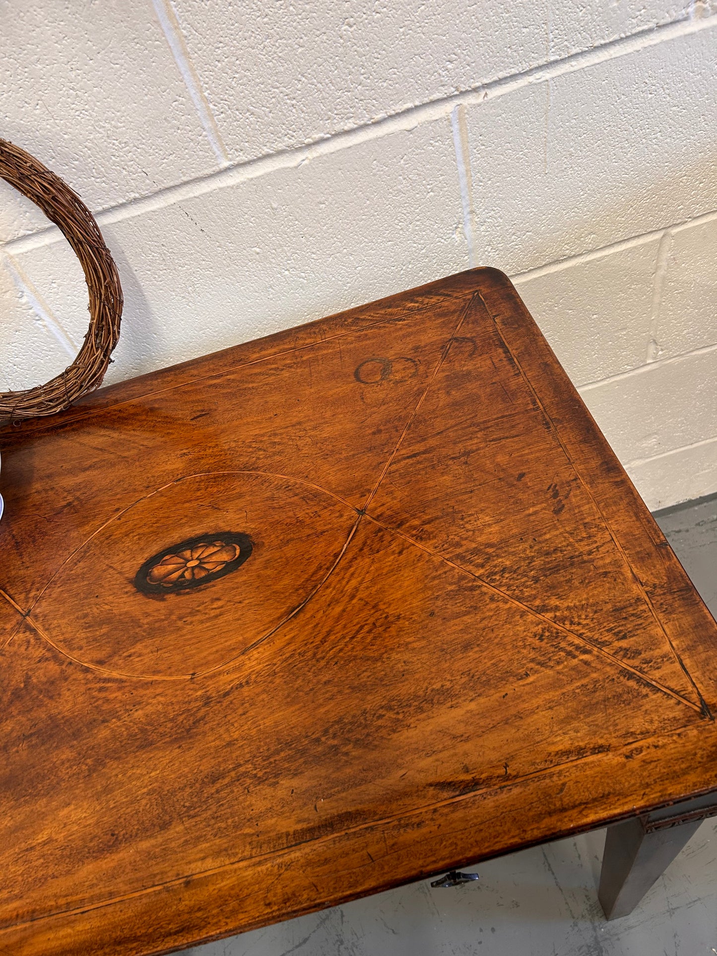19th century inlaid mahogany country house rectangular side table with drawer.