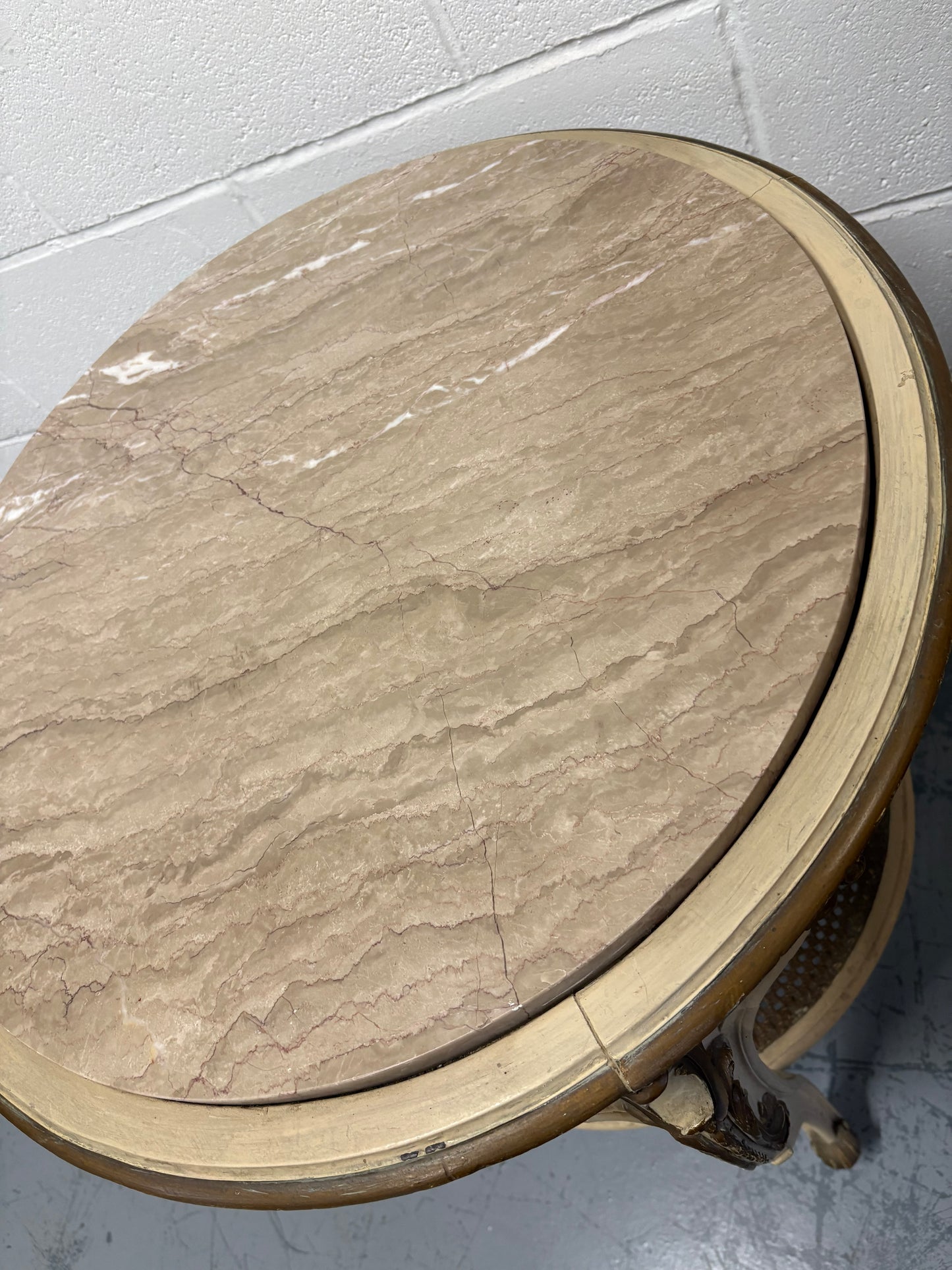 Vintage French Louis XVI round marble top table Cream Gold with Rattan undershelf