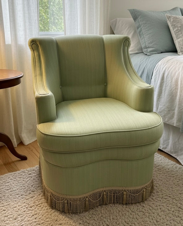 Mid century French pale Green upholstered tassel trimmed boudoir bedroom chair 