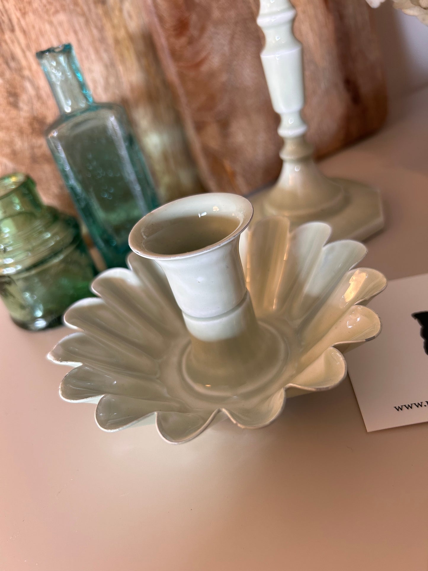 A Vintage Style Green Enamel Candle stick holders