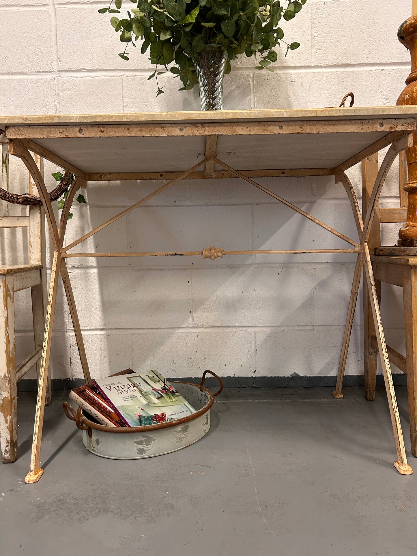 Console table French vintage marble top iron based indoor outdoor table