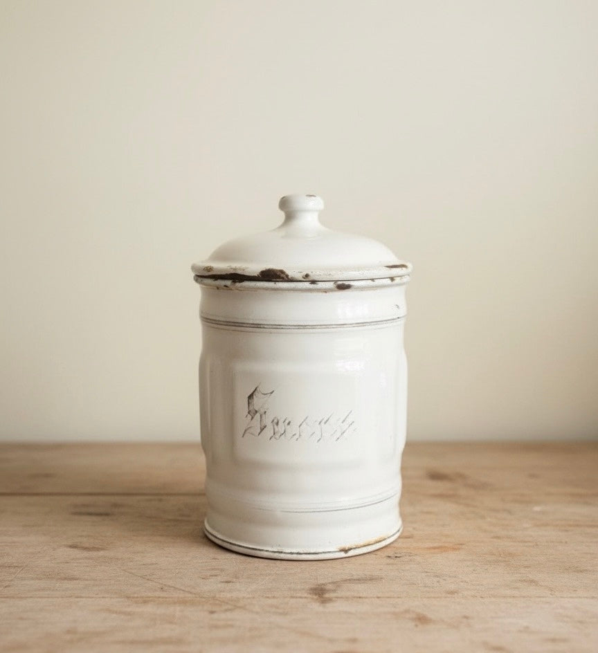 A Vintage white French enamel sugar canister chippy shabby original