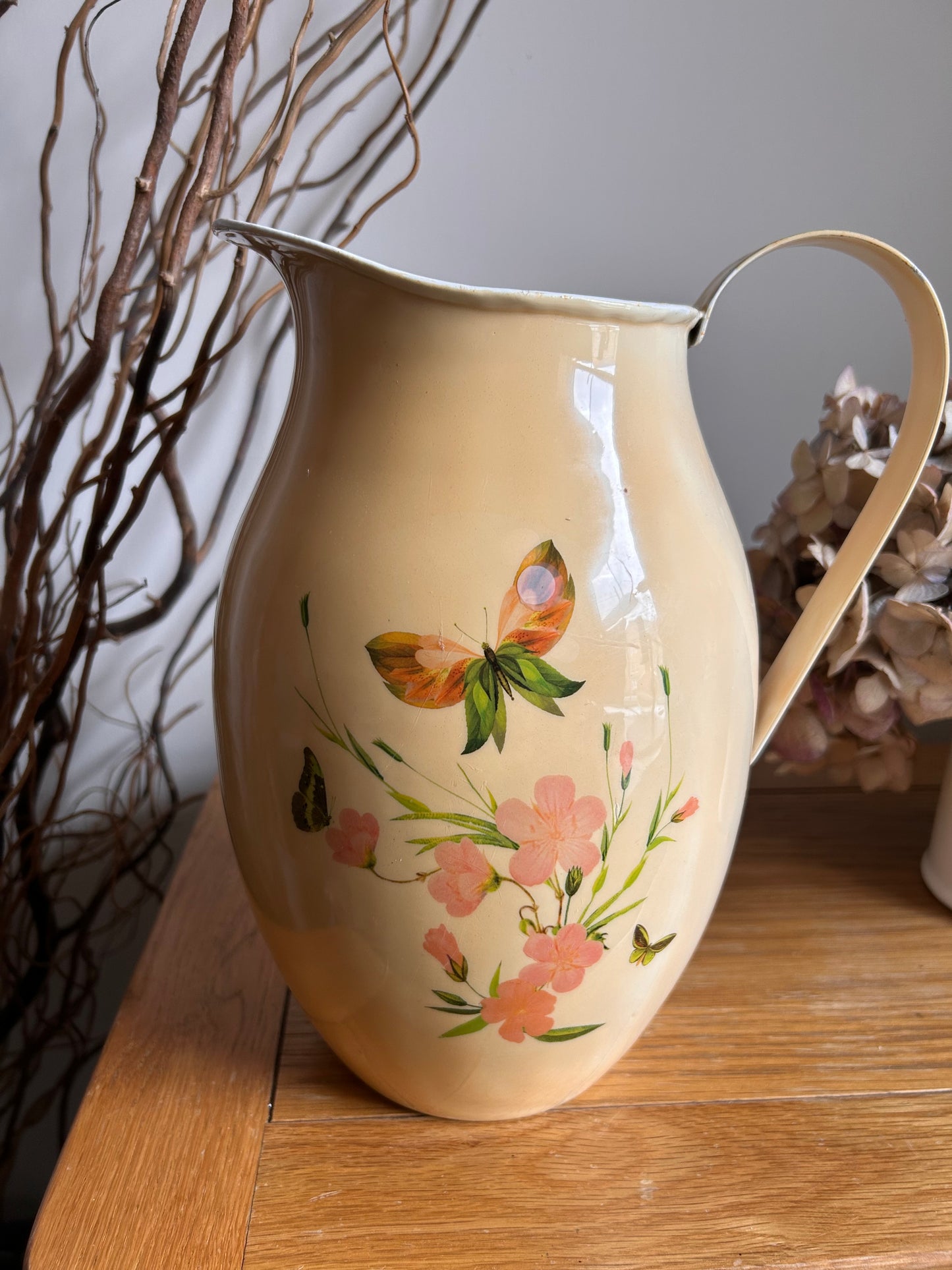 Vintage Pale Yellow Floral French Enamel Pitcher Jug