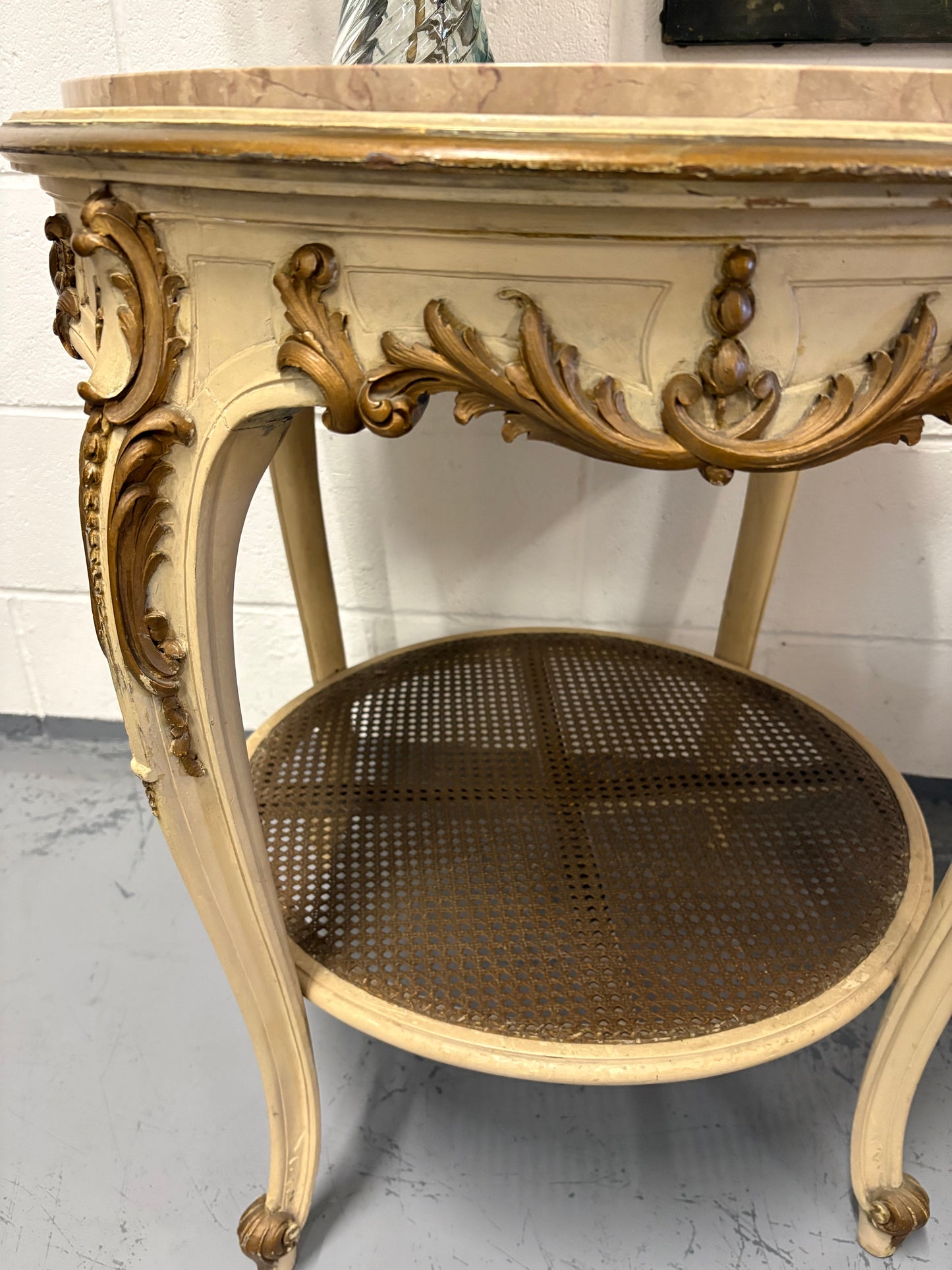 Vintage French Louis XVI round marble top table Cream Gold with Rattan undershelf