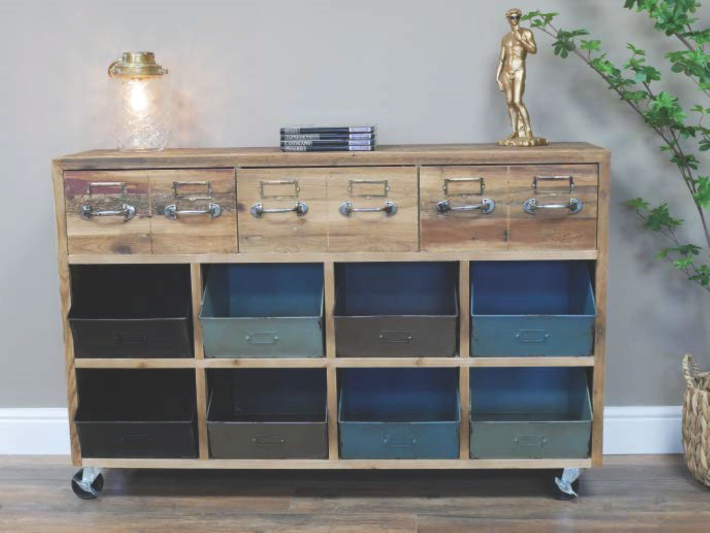 Rustic Wood and Metal multi drawer Storage sideboard unit