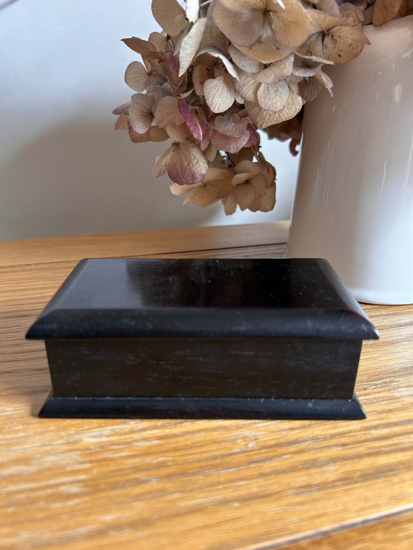 Small vintage black ebonised keepsake box silk lined yellow