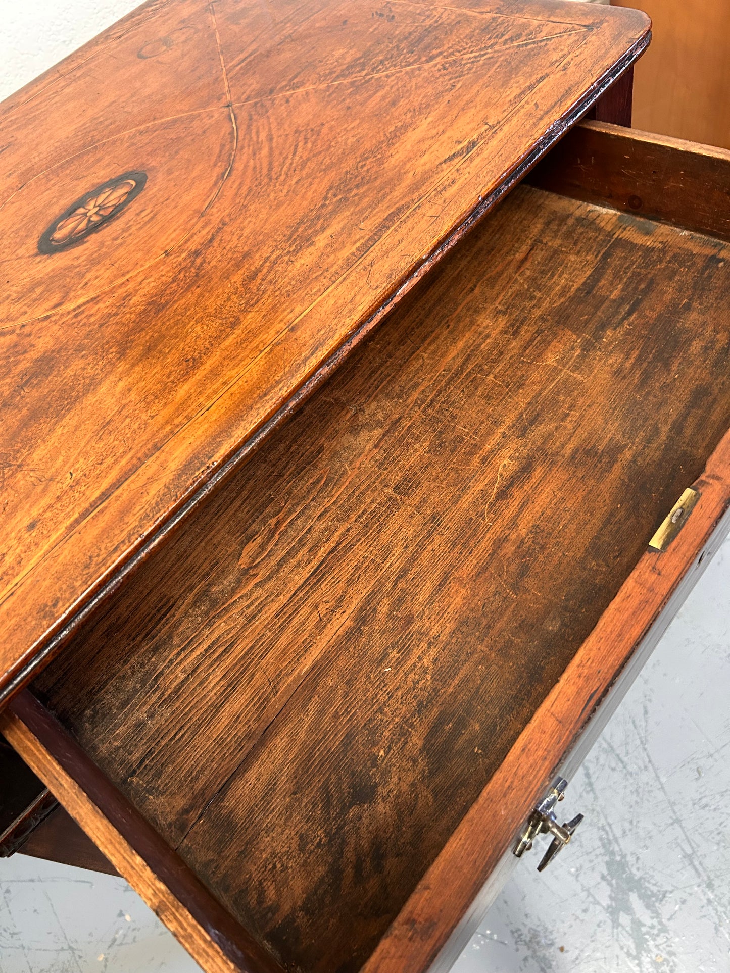 19th century inlaid mahogany country house rectangular side table with drawer.