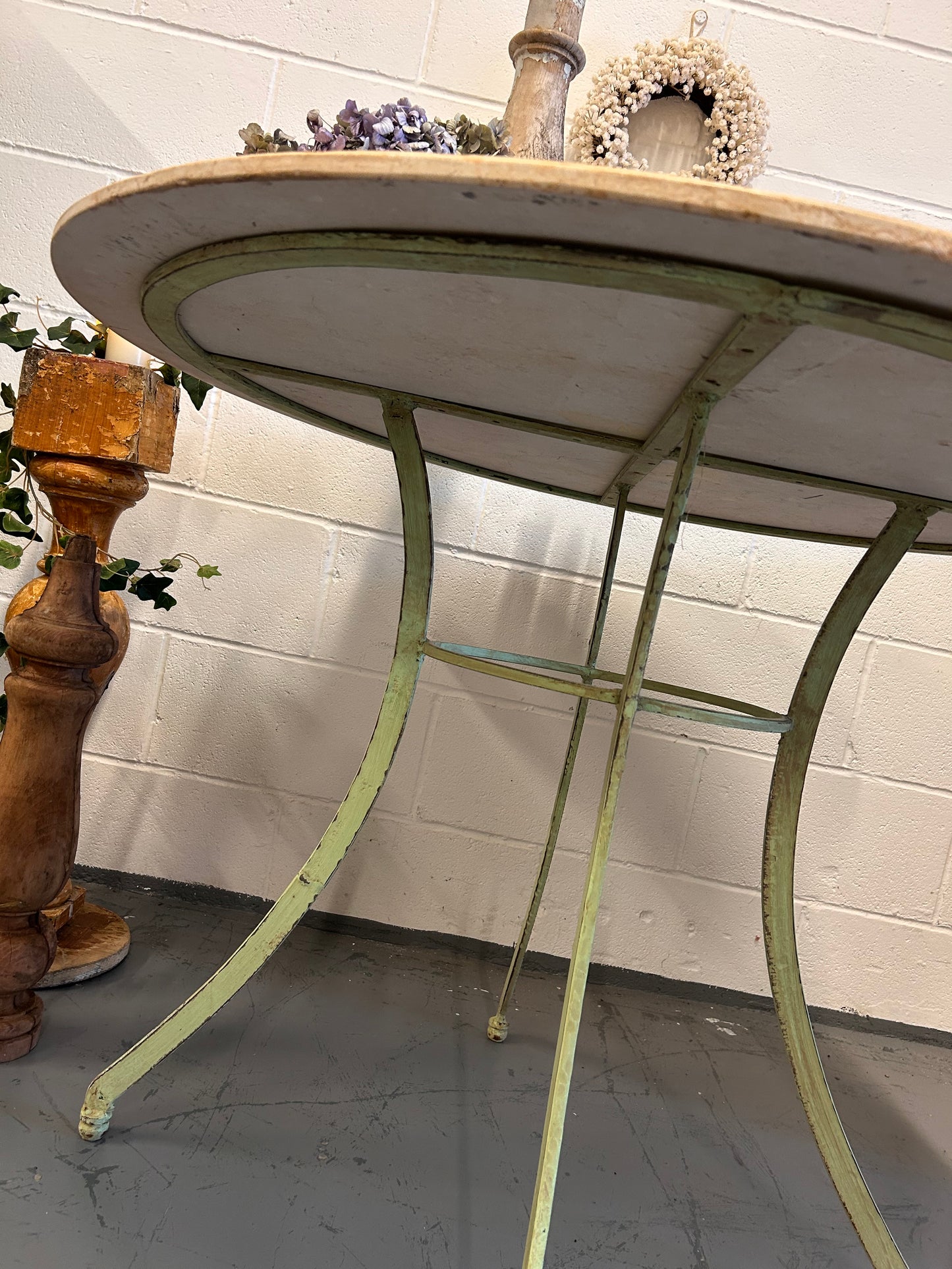 Vintage French round marble top iron based indoor outdoor table