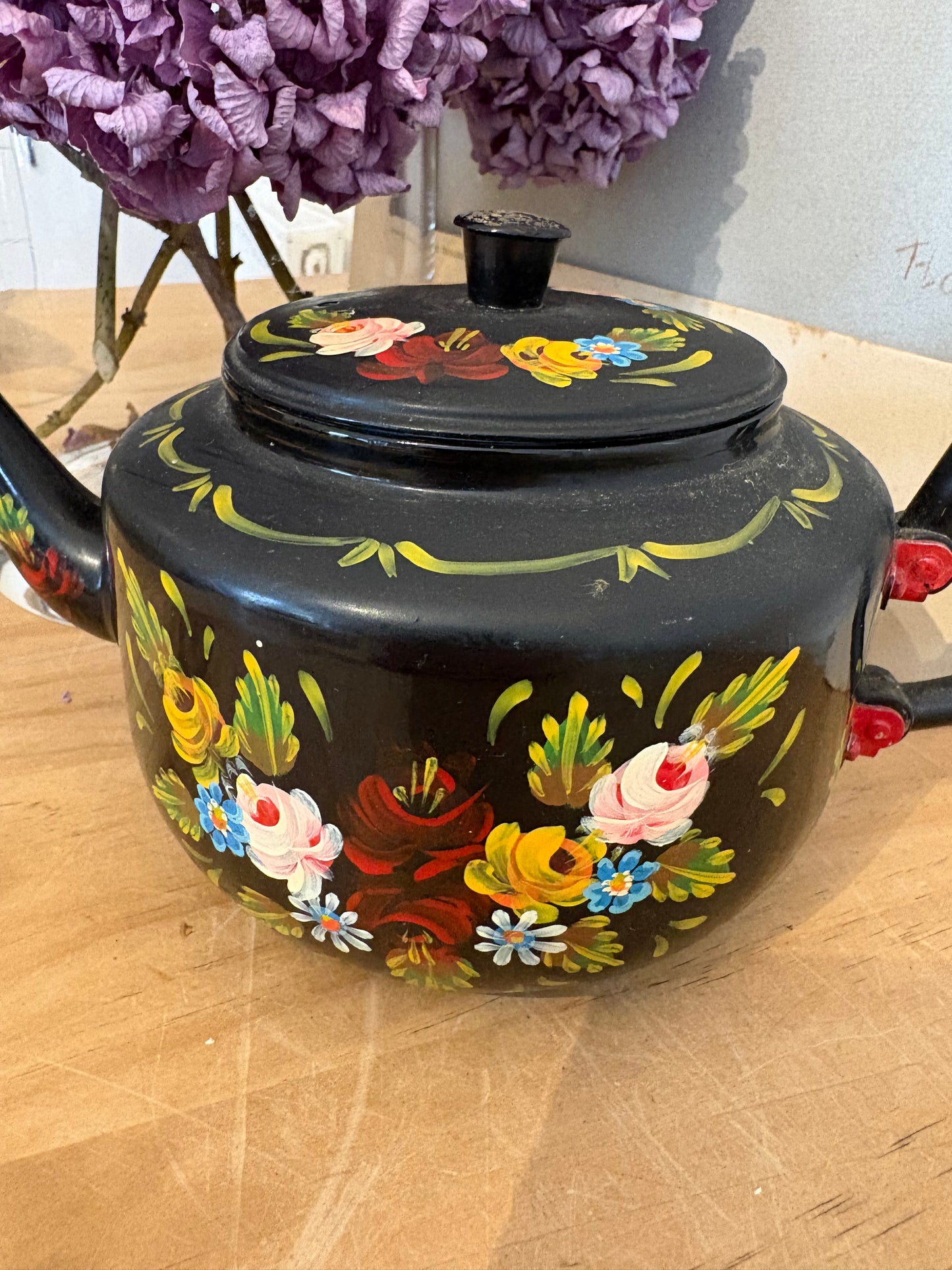 Vintage hand painted metal teapot folky colourful bargeware look