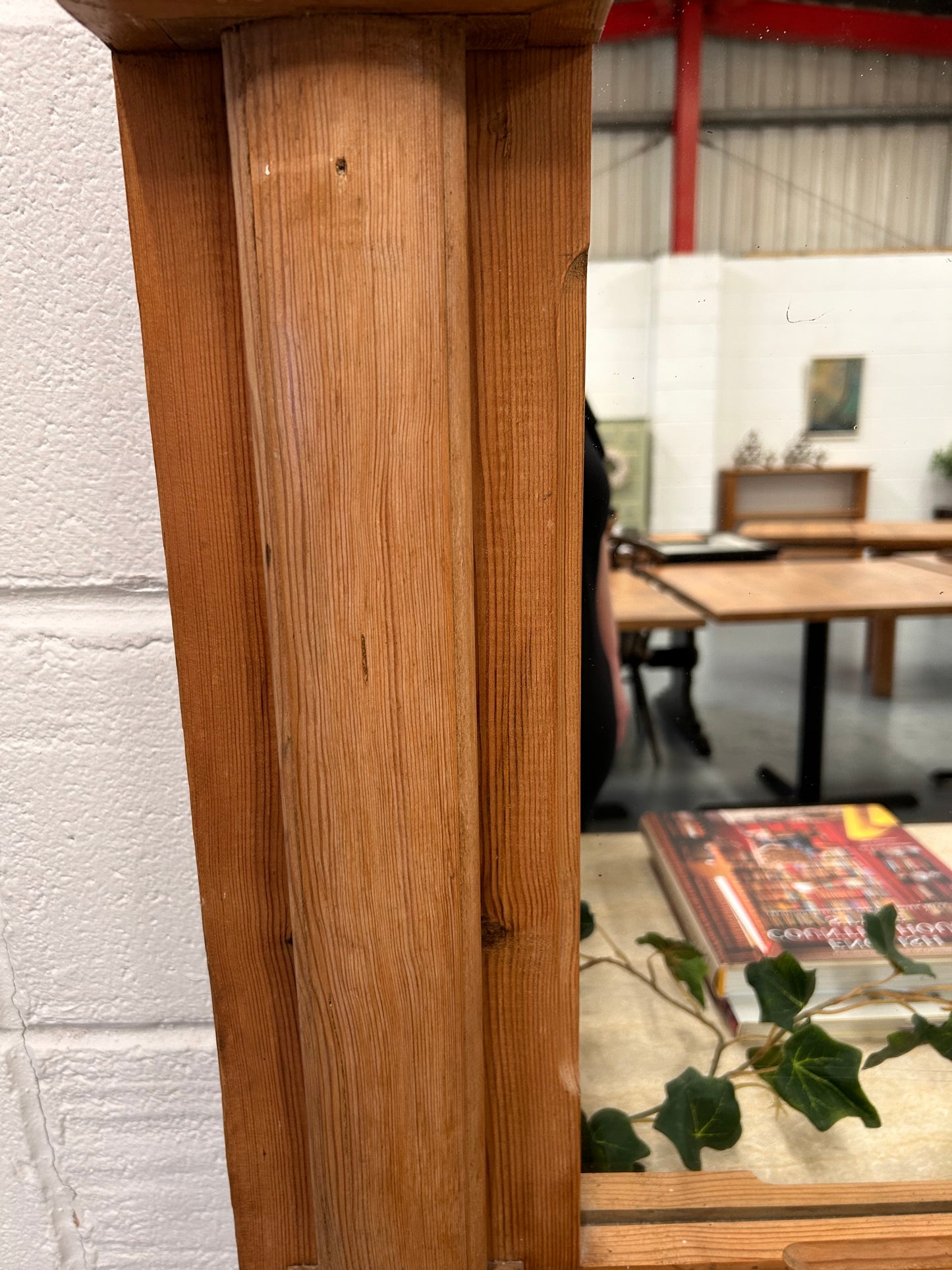 Large Vintage Pine overmantle mirror with Acorn carvings and architectural look to frame design