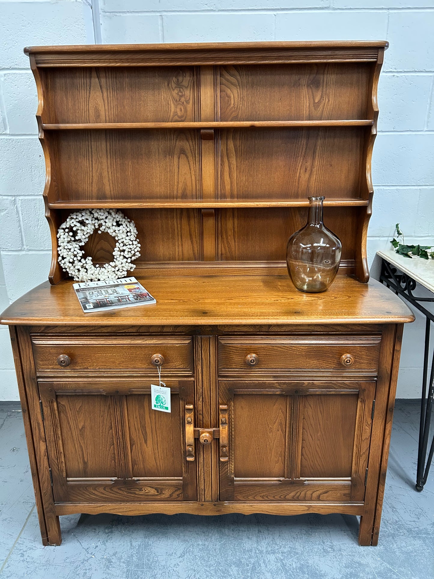 A vintage ERCOL Teak dresser two drawers cupboards plate rack kitchen storage