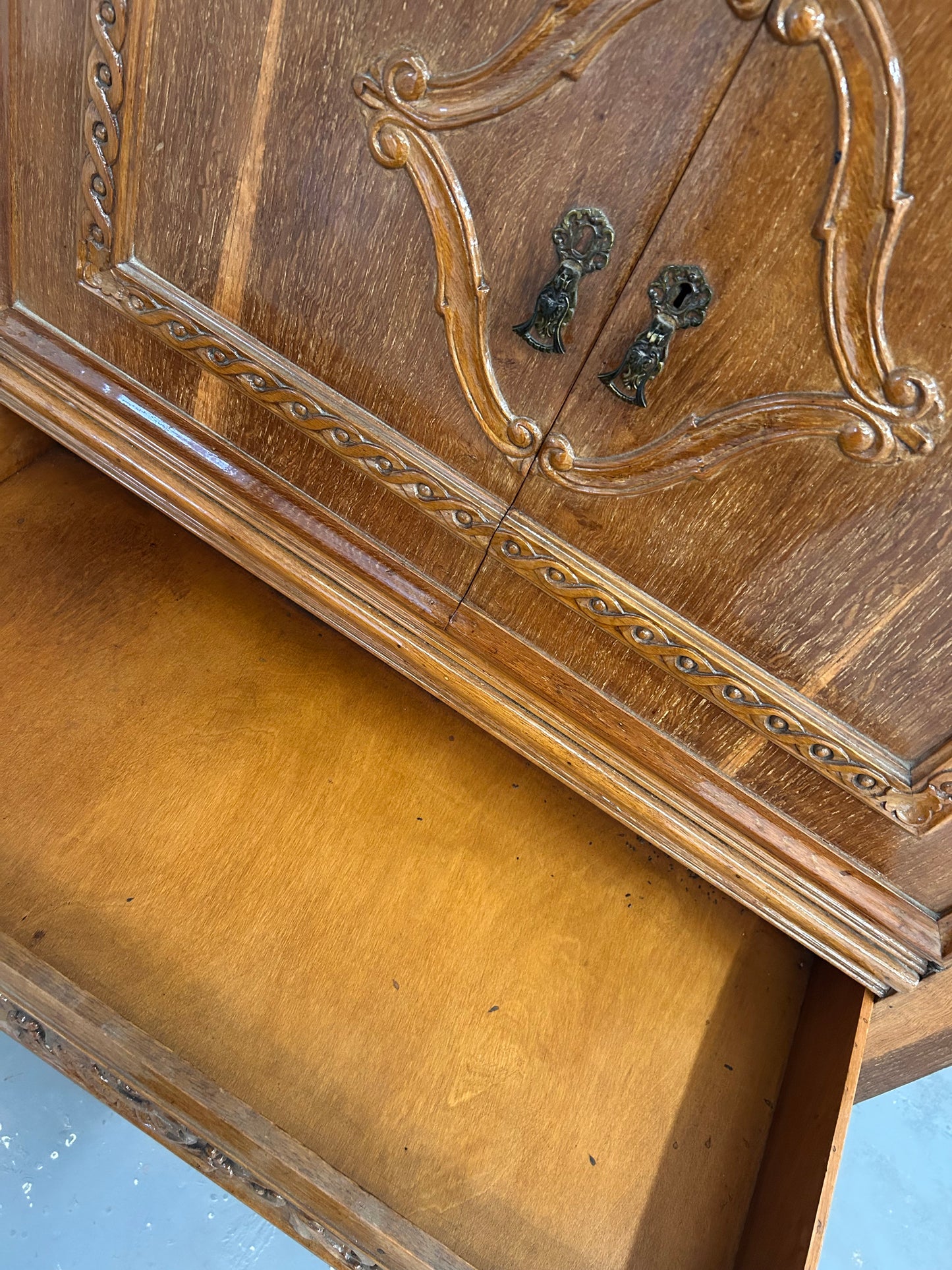 Big Vintage French Drinks cabinet with 3 drawers and mercury mirror lined cupboard