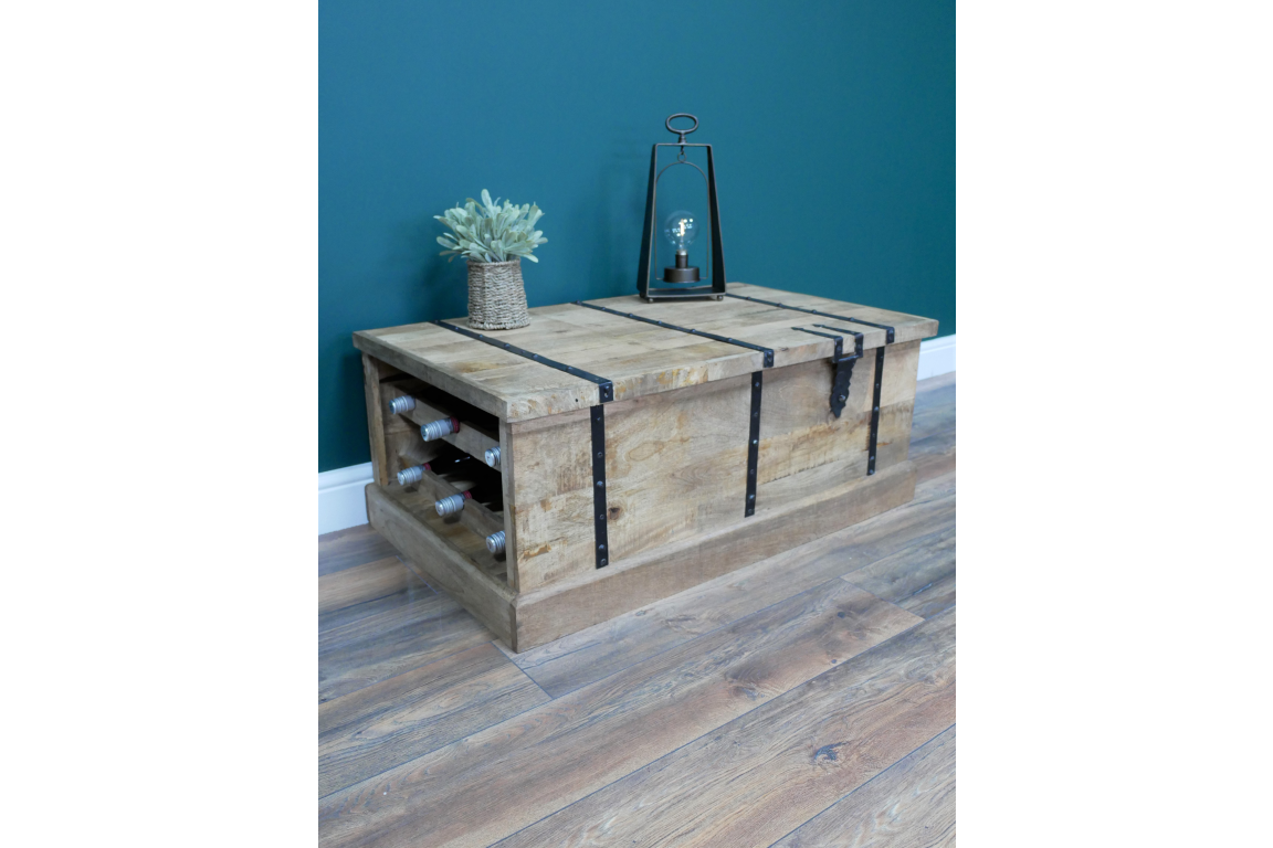Vintage style wooden trunk coffee table with wine storage