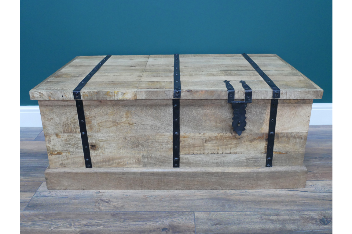 Vintage style wooden trunk coffee table with wine storage