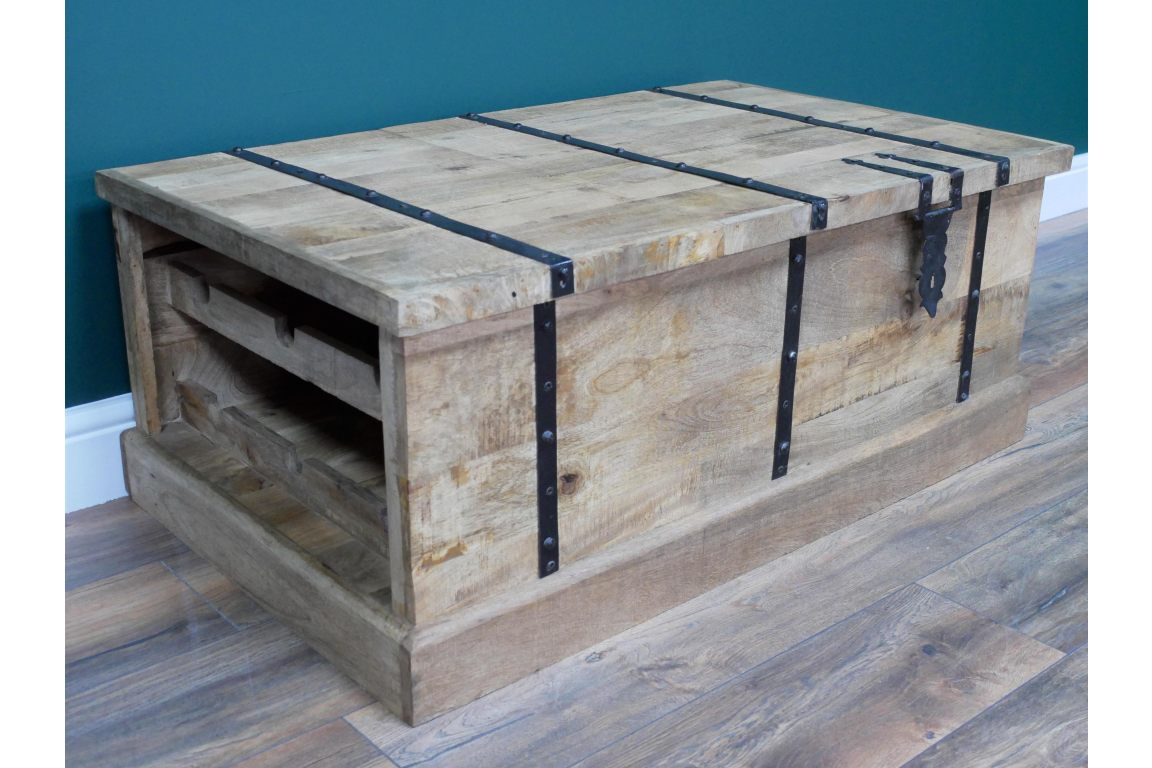 Vintage style wooden trunk coffee table with wine storage
