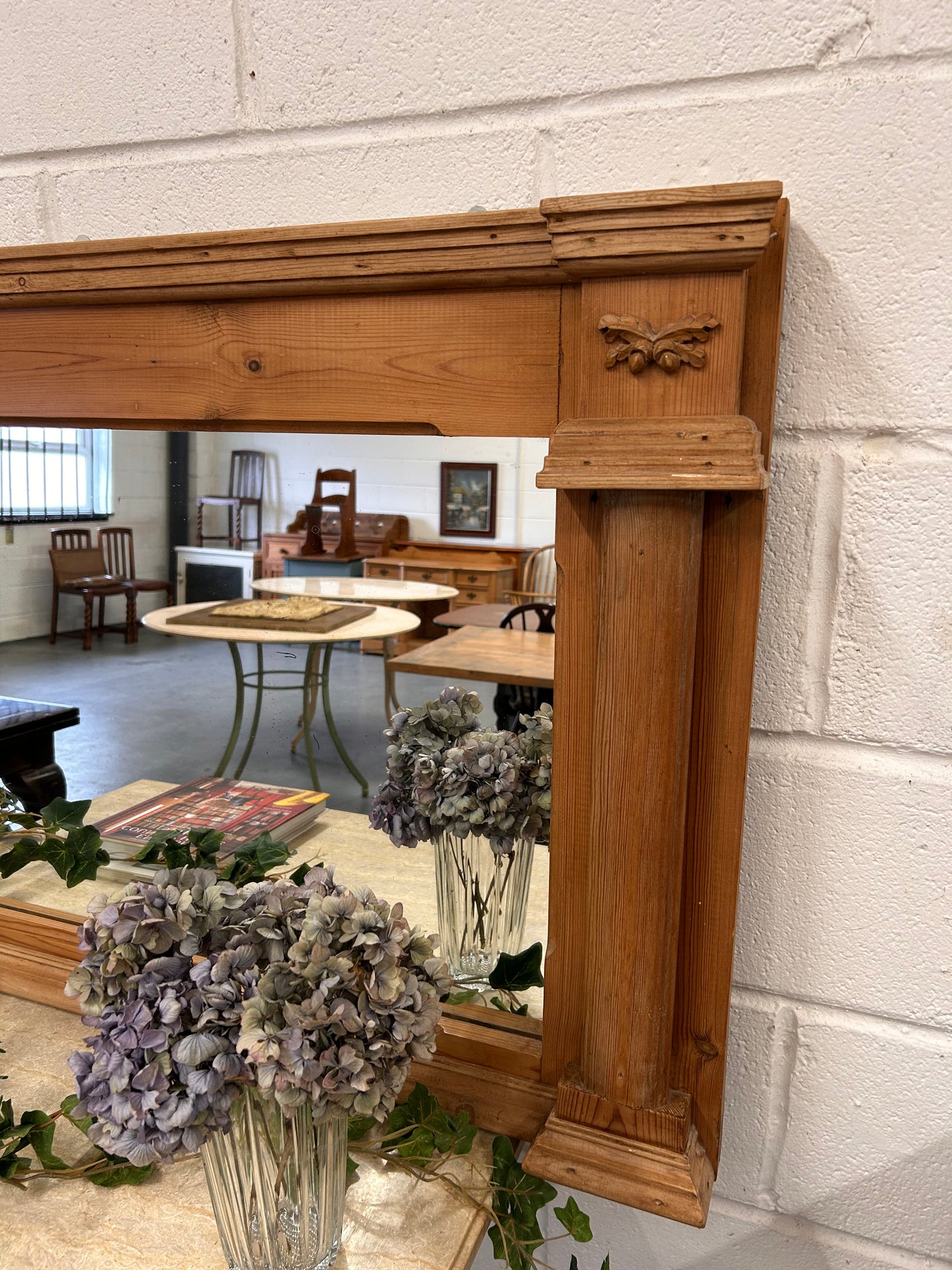 Large Vintage Pine overmantle mirror with Acorn carvings and architectural look to frame design