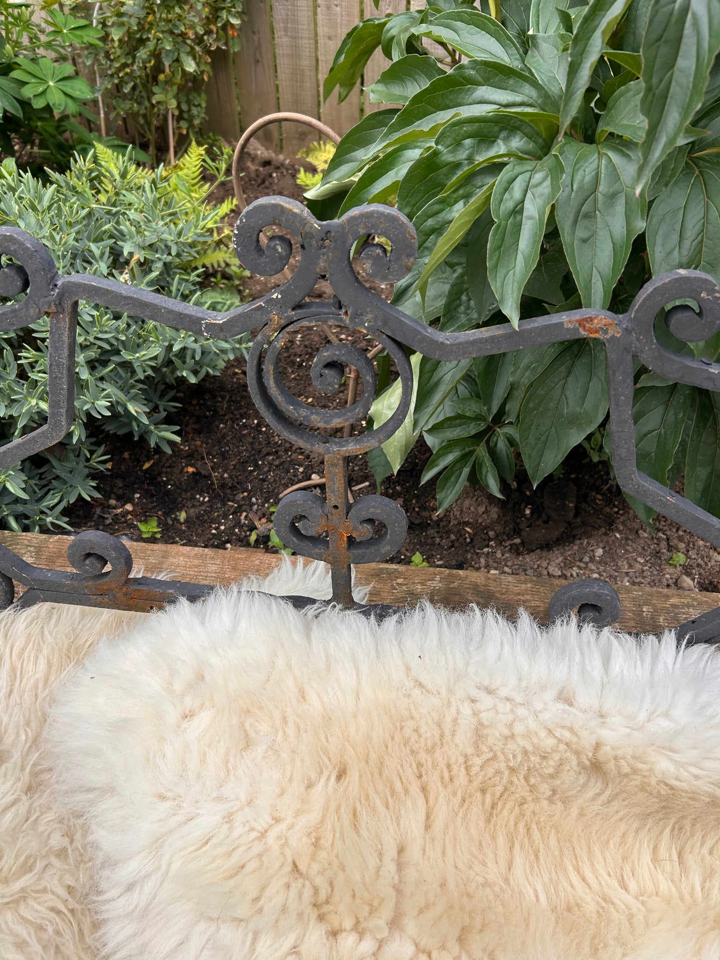 French Vintage Wrought Iron black metal bench scroll details